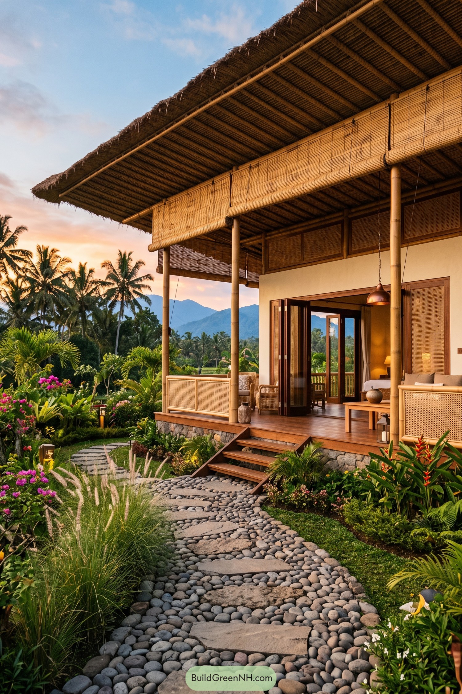 Bamboo veranda house with thatched roof and tropical garden path