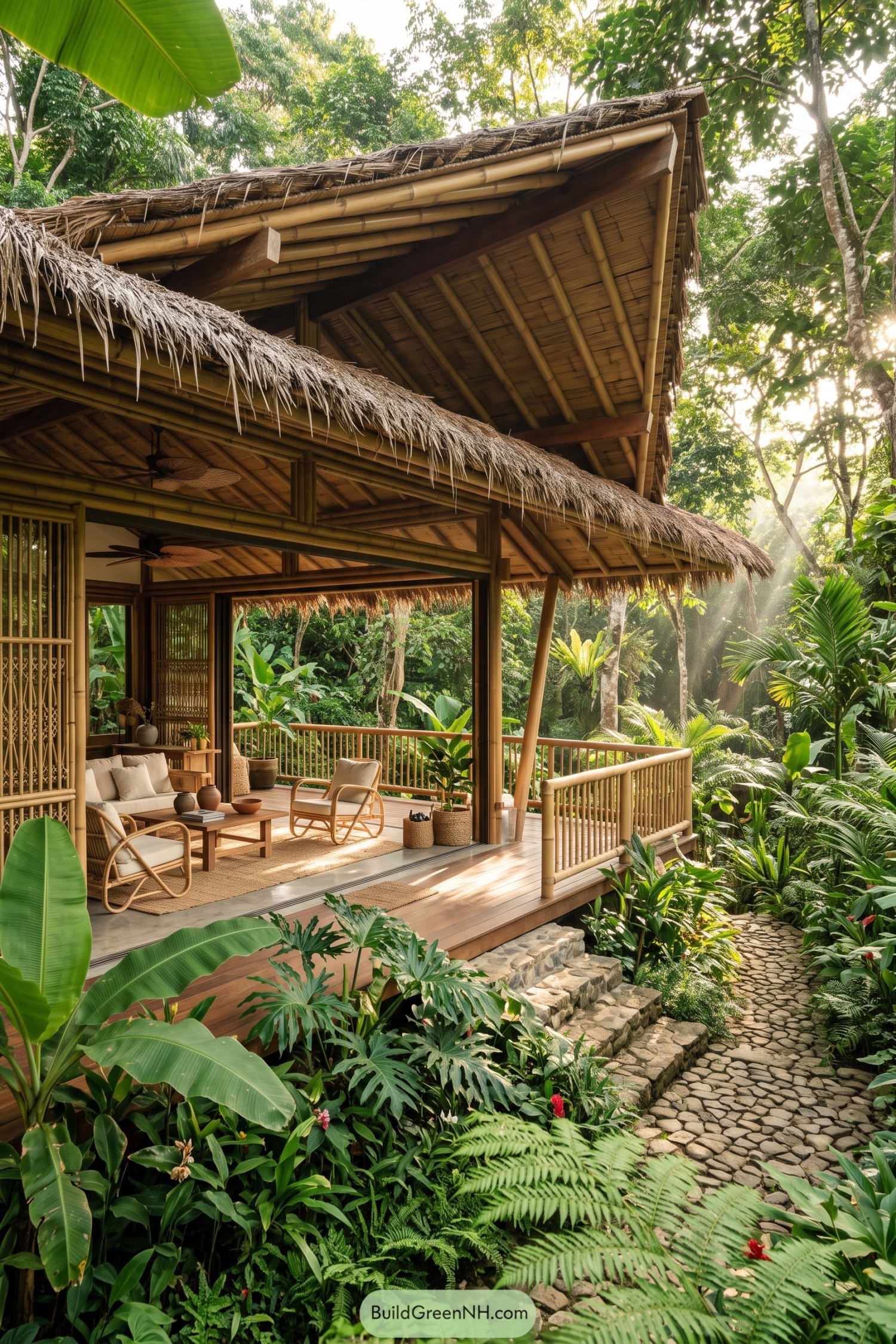 Open bamboo lodge with thatched roof and rainforest veranda