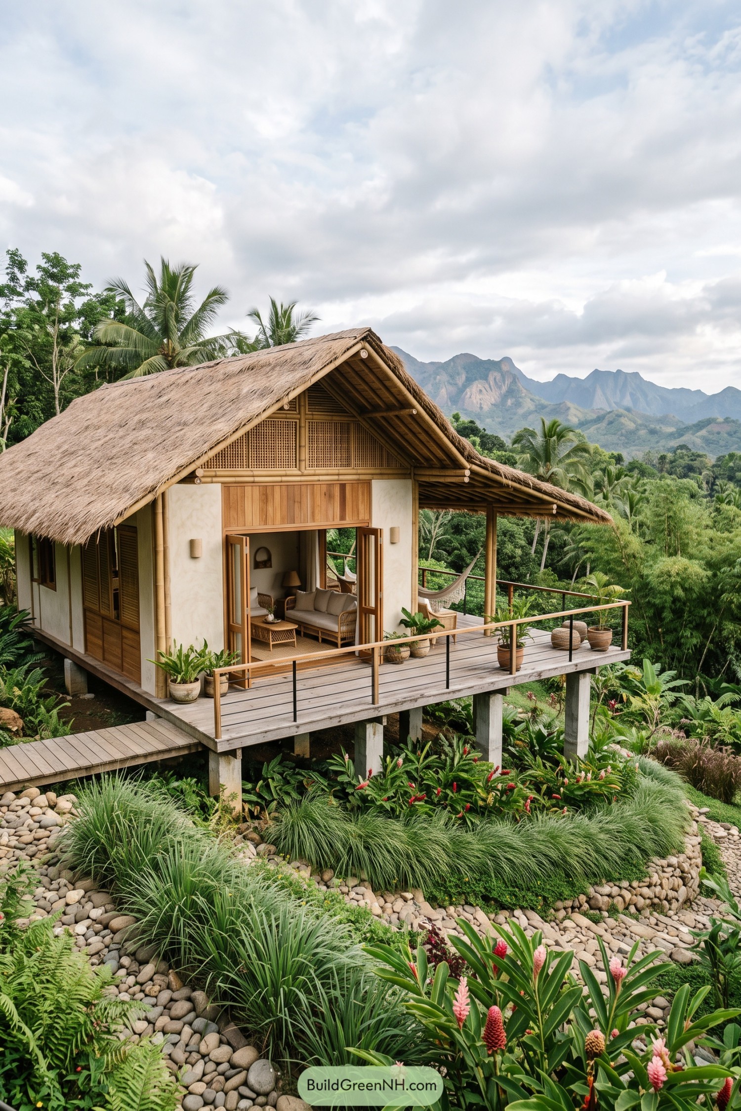 Bamboo thatched home with a wide hillside deck and mountain views