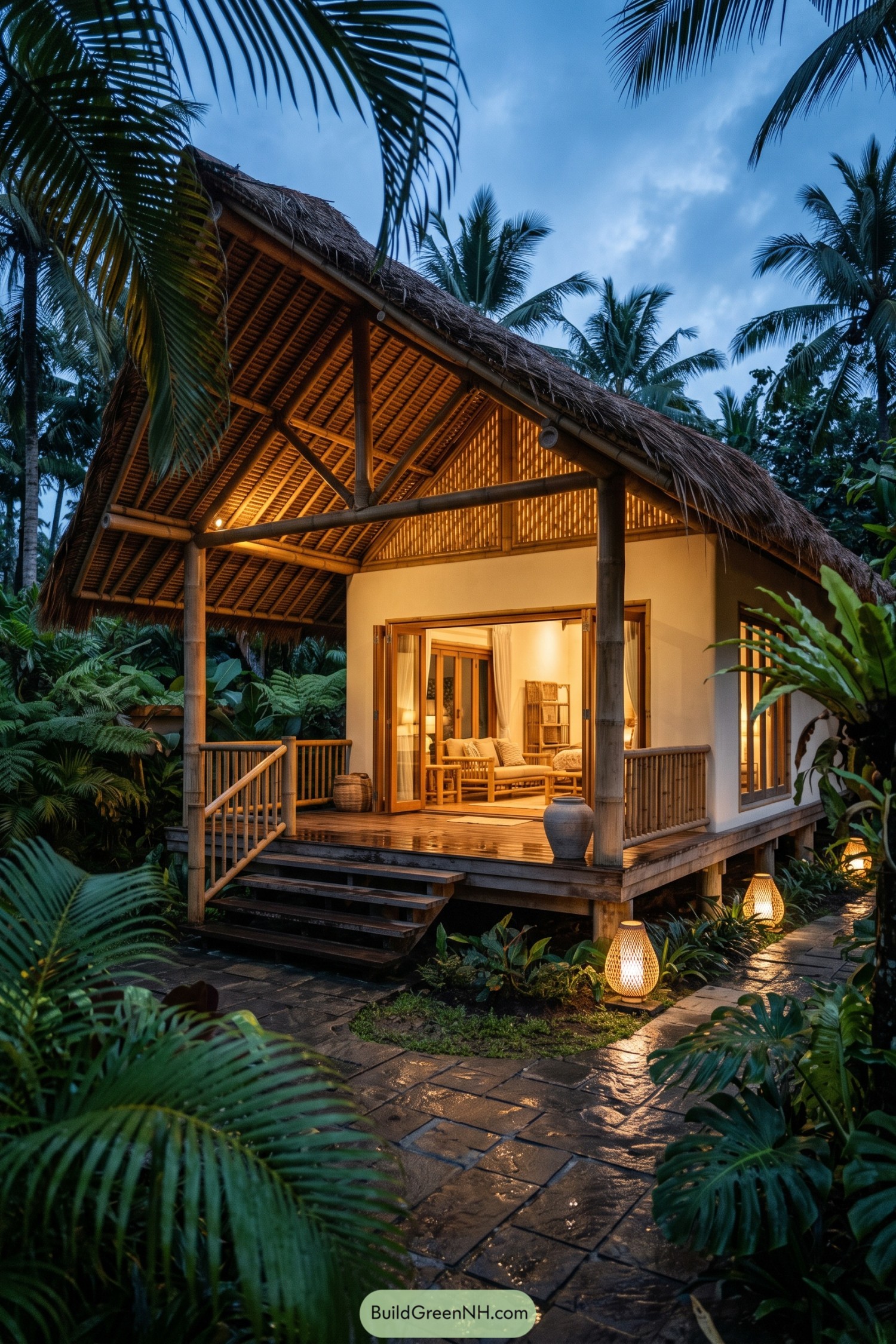 Bamboo bungalow with thatched roof amid tropical foliage