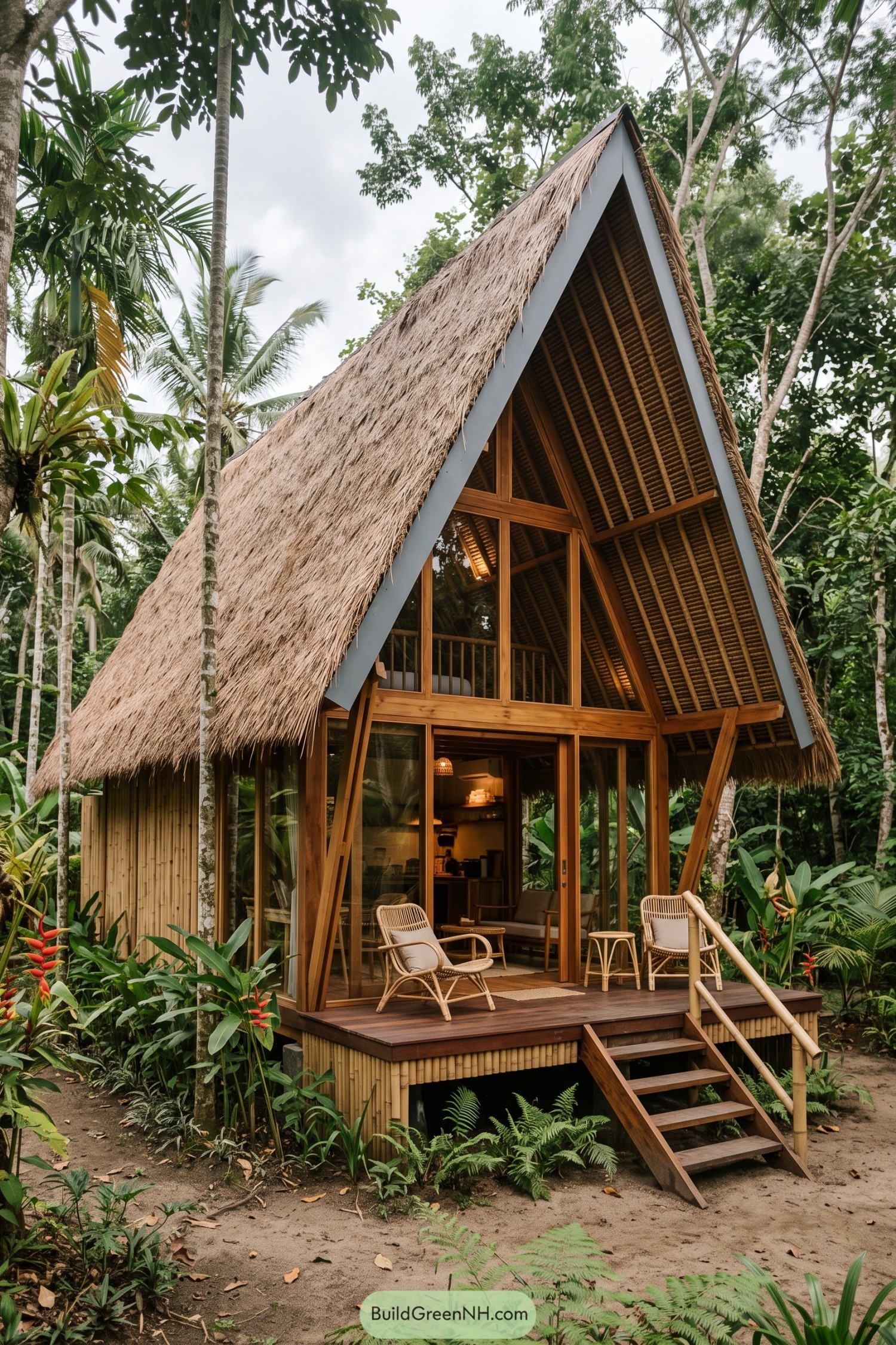 A thatched bamboo A frame cabin in lush tropical greenery