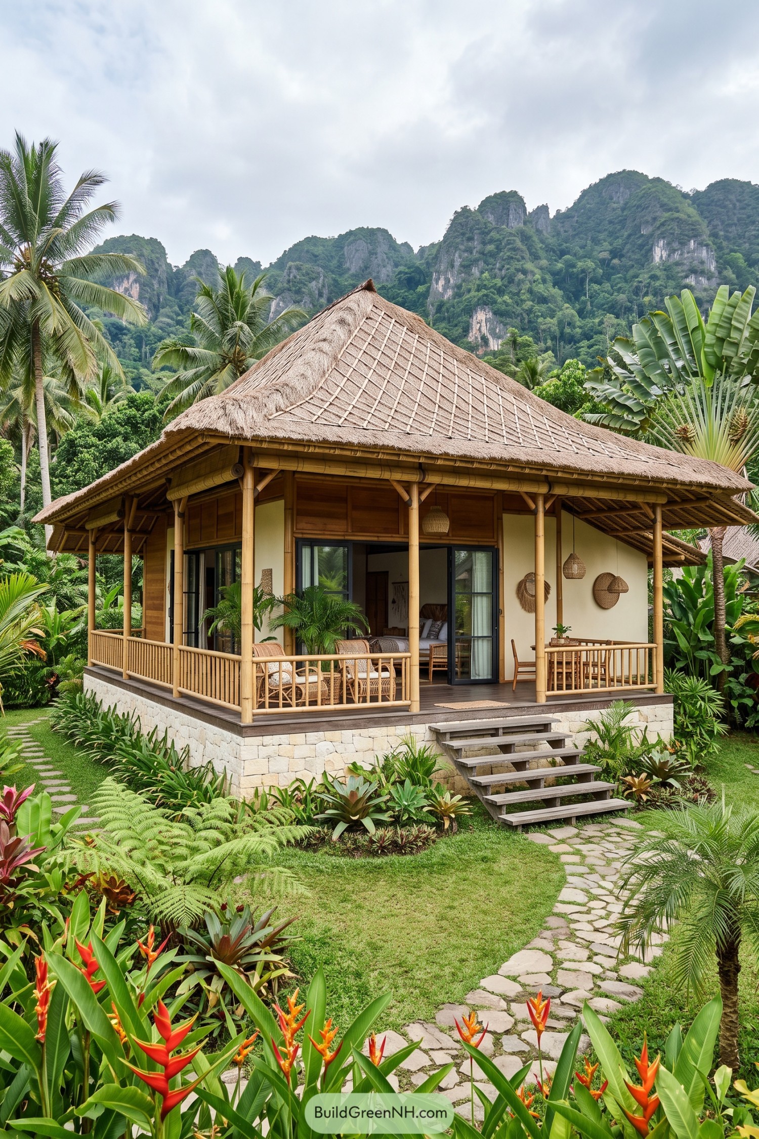 Bamboo house with a steep thatched roof in tropical gardens