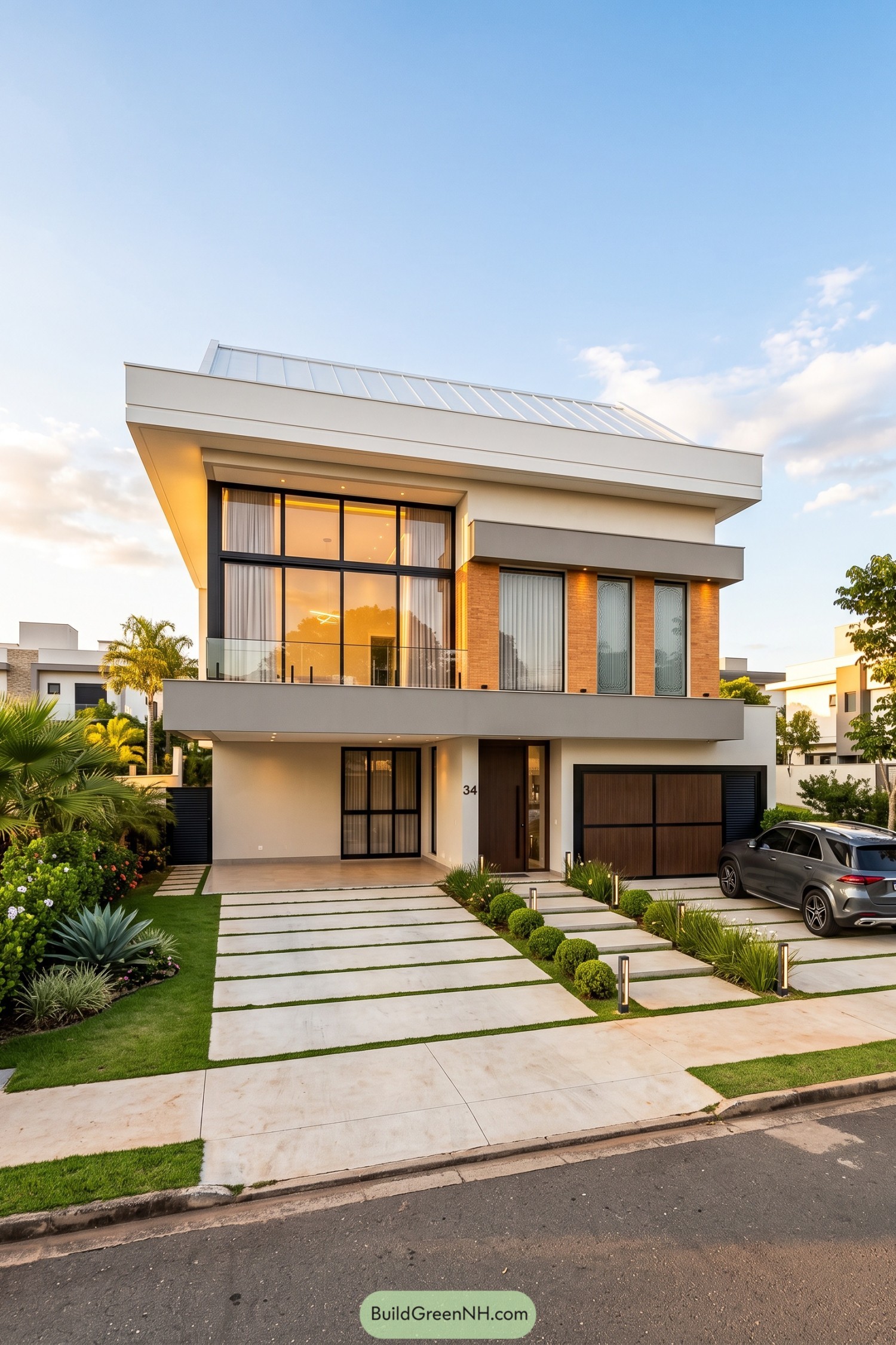 Modern three story home with glass walls and solar roof