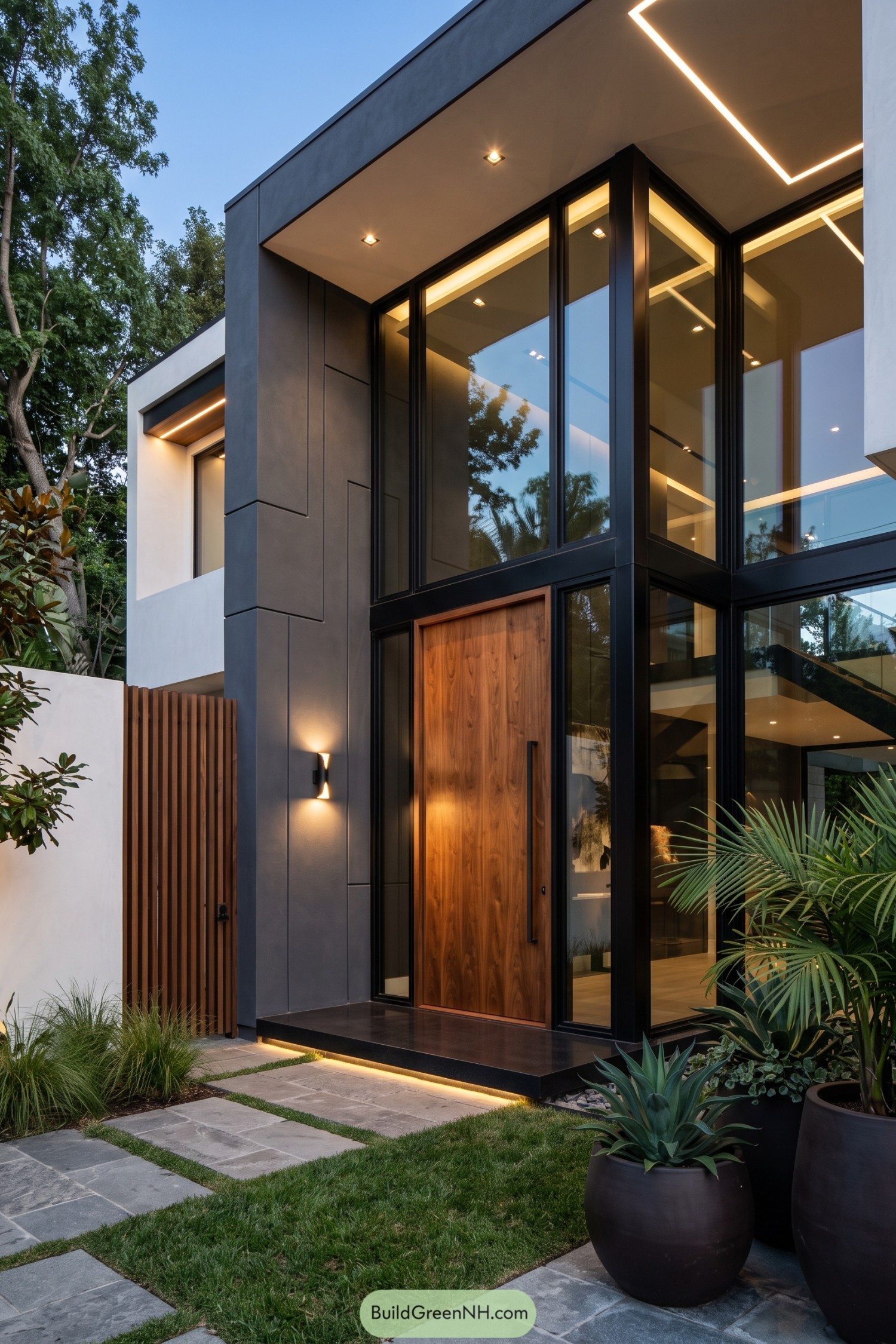 Modern black-framed residence with a timber entry and lush landscaping