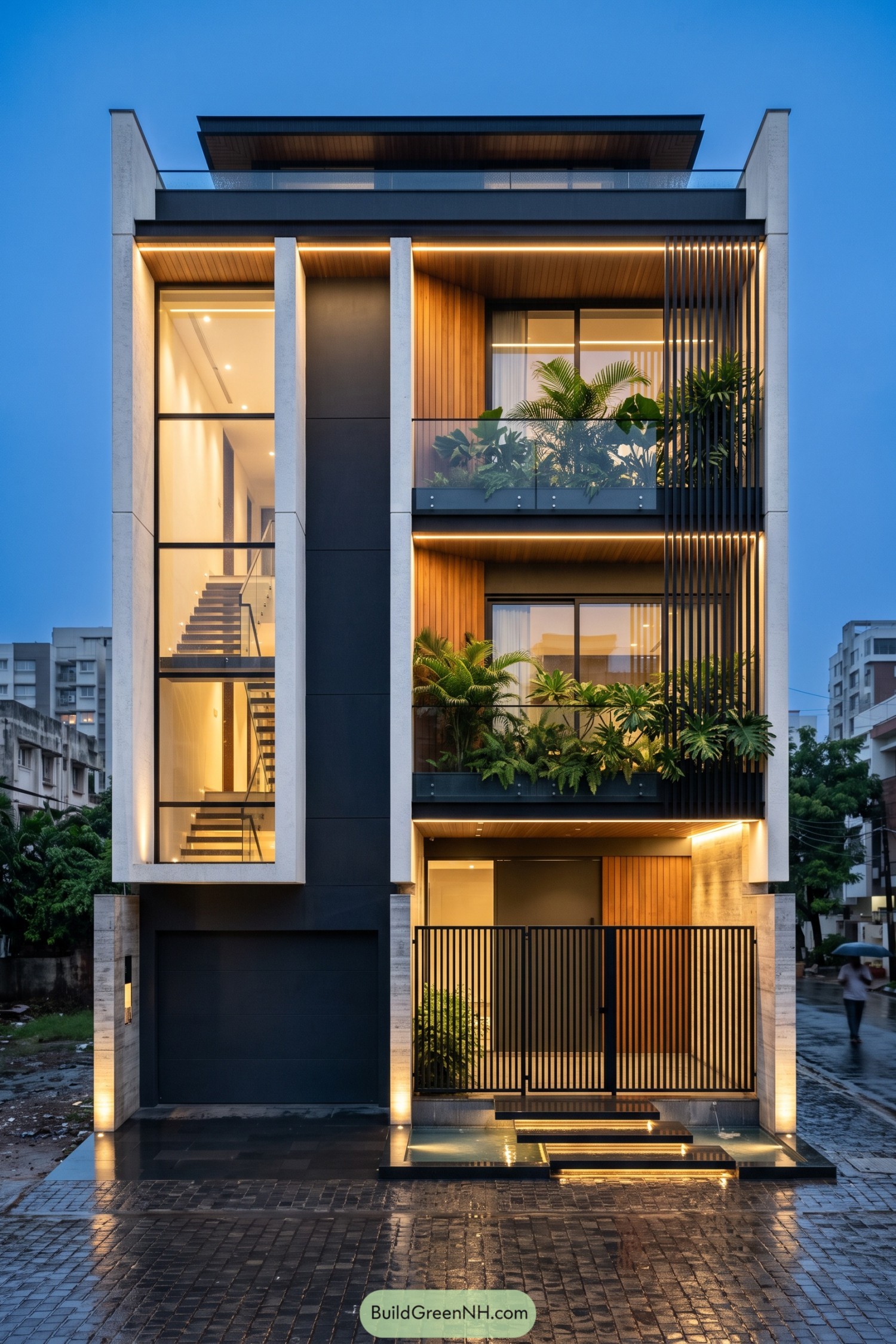 Narrow contemporary townhouse with planted balconies and vertical screens