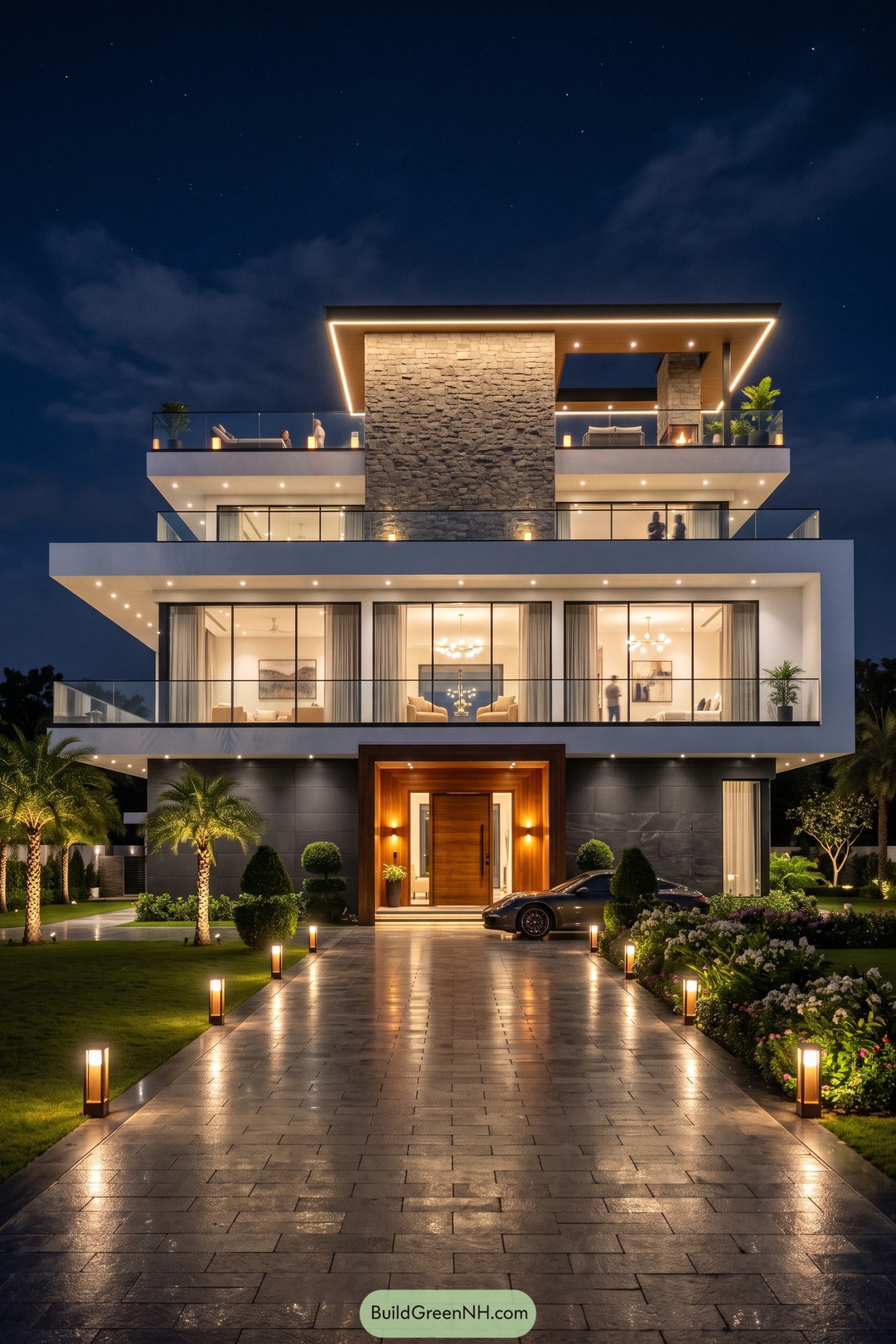 Modern three-story home with stone core and glowing terraces at night