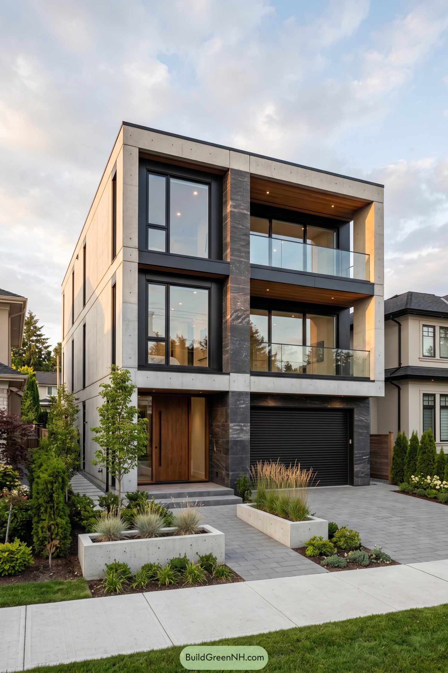 Three-story modern home with concrete cladding and glass balconies