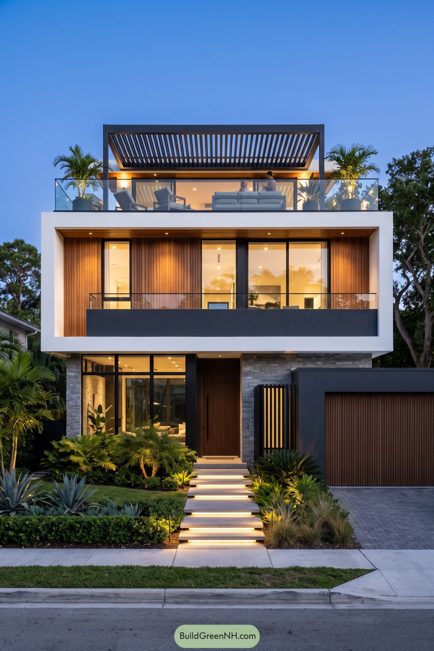 Modern three-story home with timber cladding and a rooftop pergola terrace