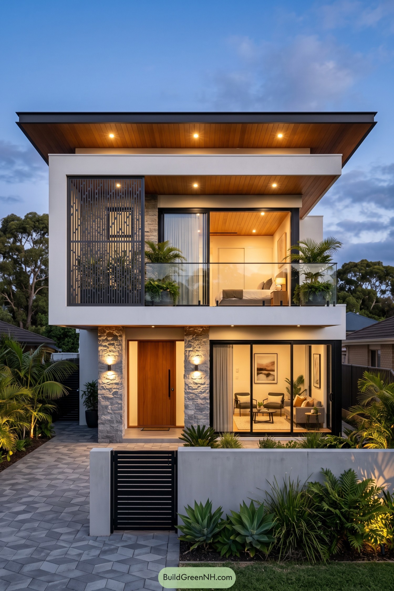 Two-story modern home with timber soffits and screened balcony