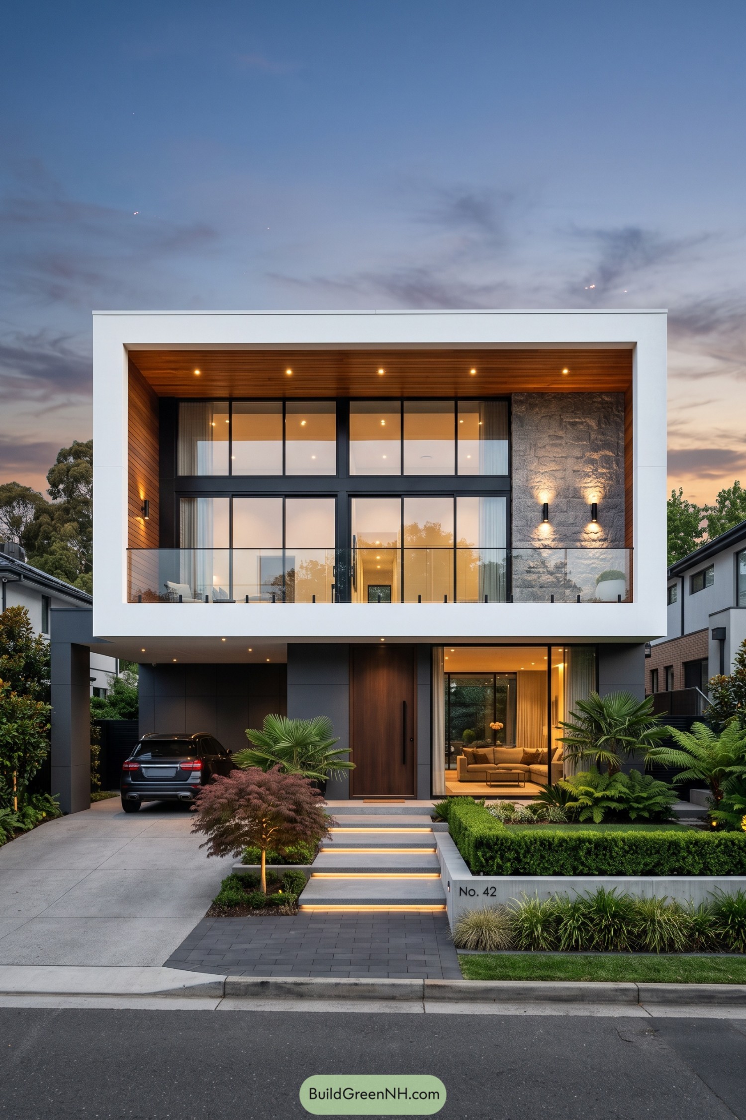 Modern two-story home with a white frame glass facade and timber soffit