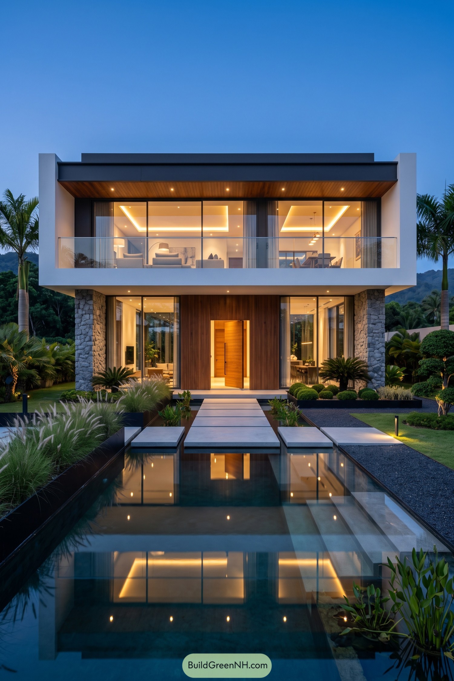 Modern two story home with stone columns timber entry and a reflecting pool