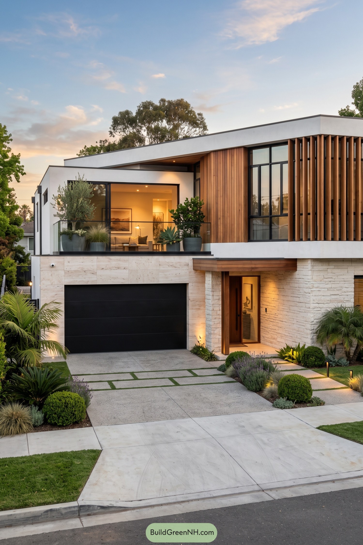 Modern limestone home with timber screens and a planted entry