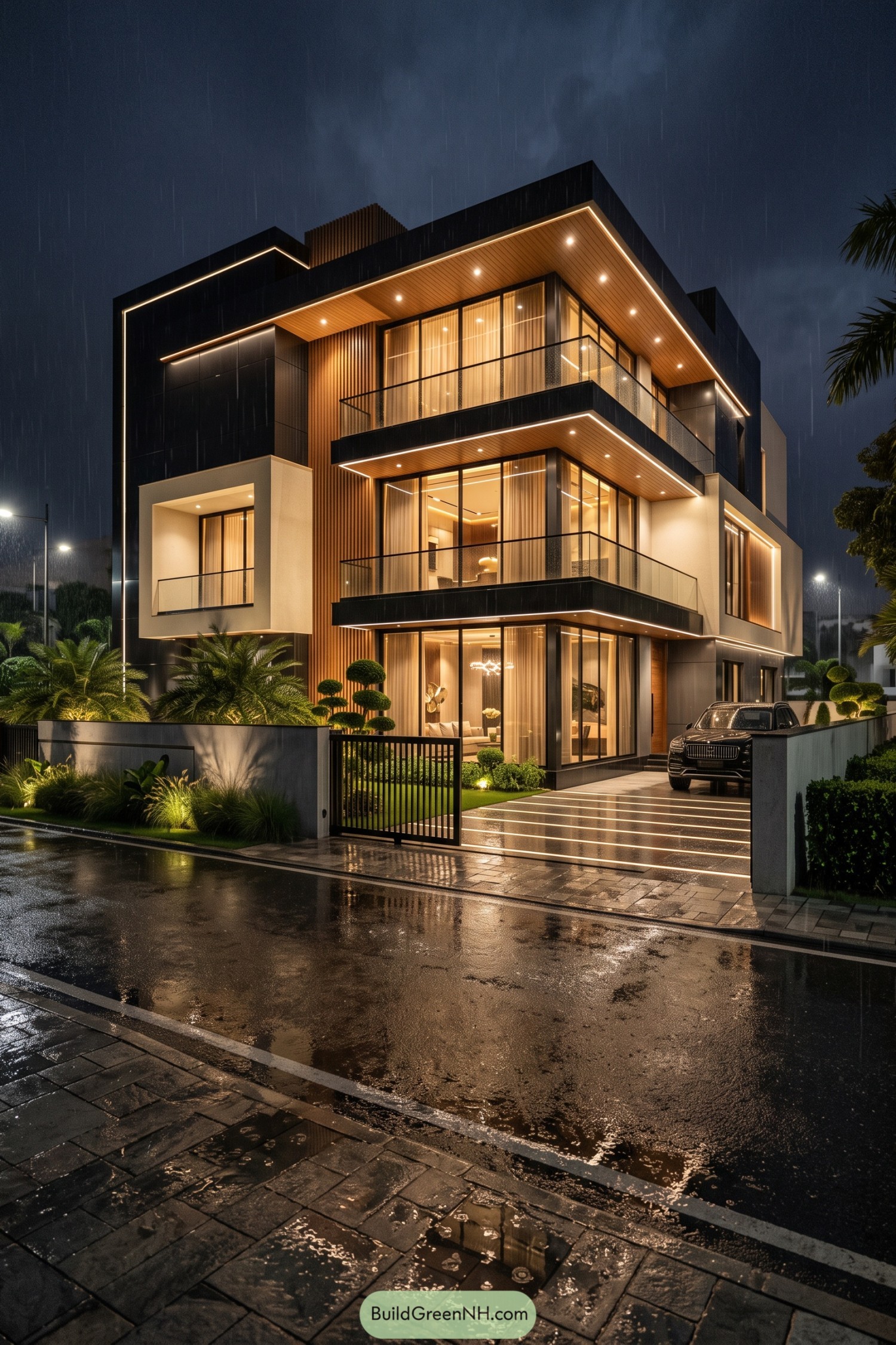 Three-story modern home with black cladding wood soffits and glass balconies in the rain