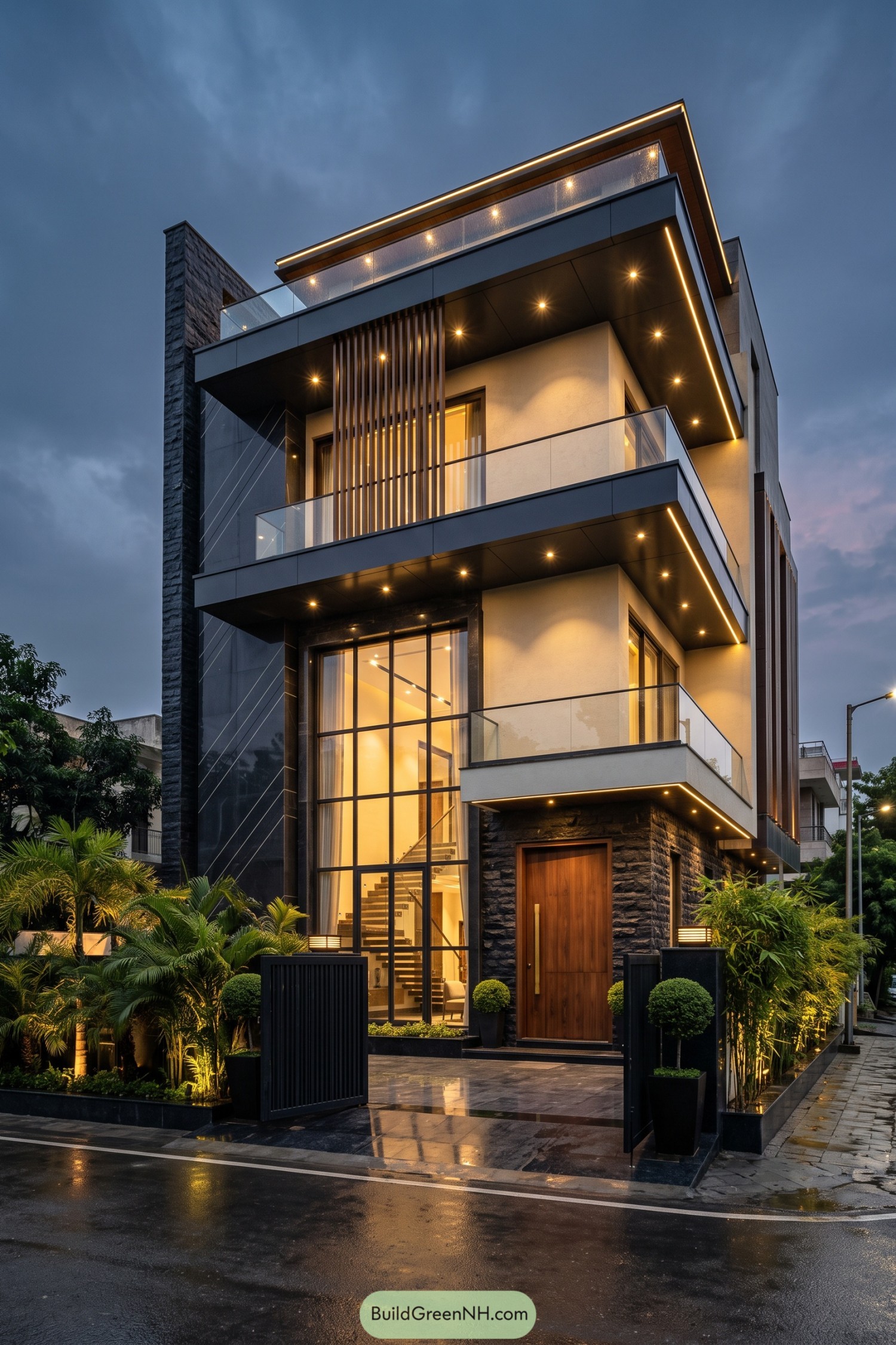 Three-story townhouse with glass balconies dark stone and warm exterior lighting