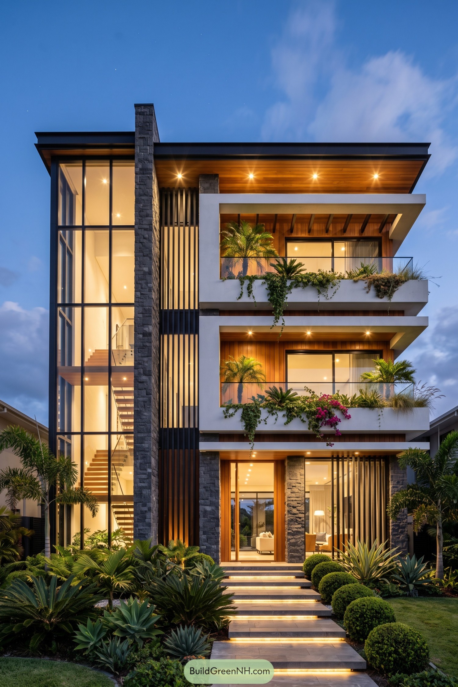 Four-story modern villa with glazed stair tower and planted balconies at dusk