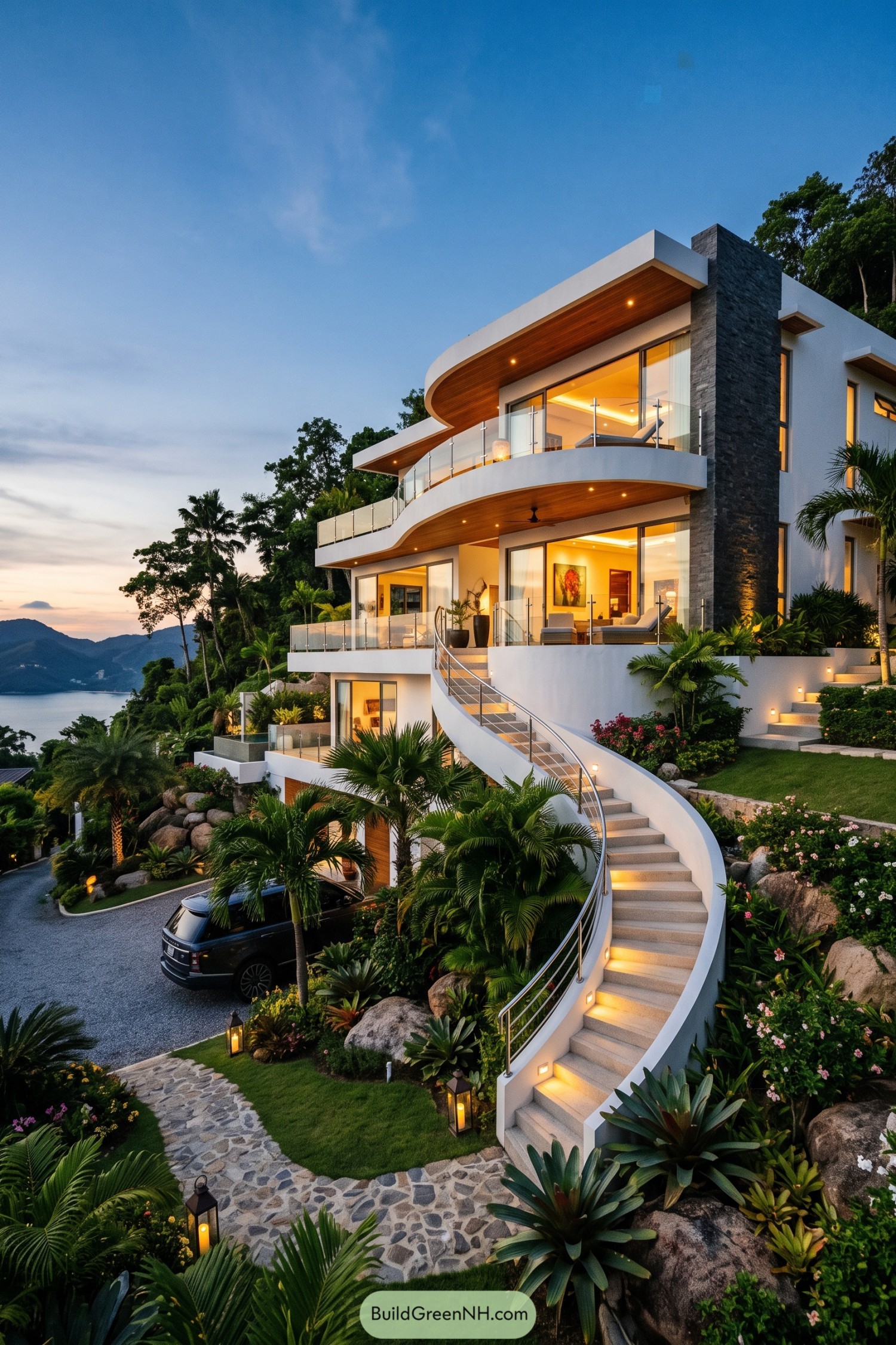 Modern hillside villa with curved balconies and a sweeping illuminated staircase
