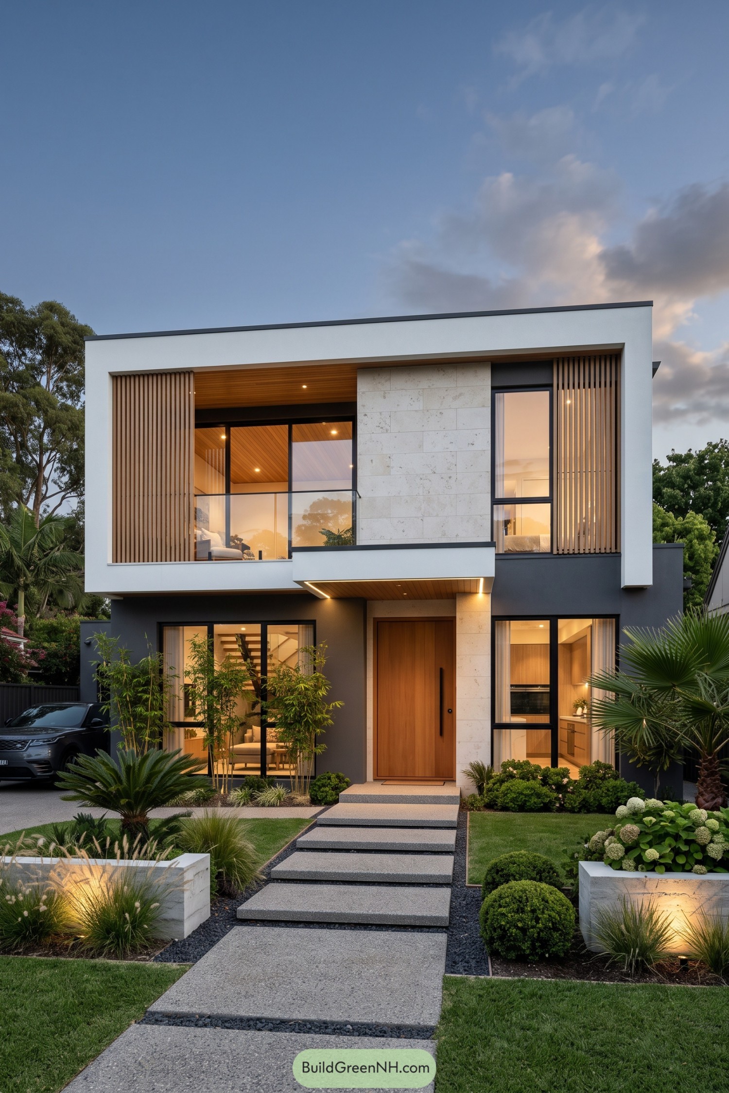 Modern two-story home with timber screens and stone cladding