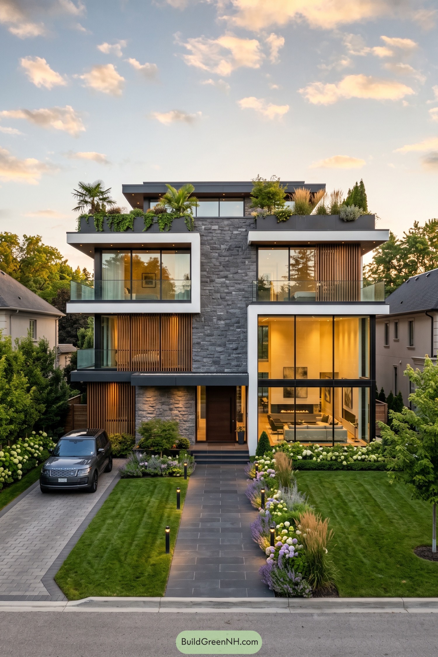 Three story modern residence with a dark stone core glass walls and planted roof terrace