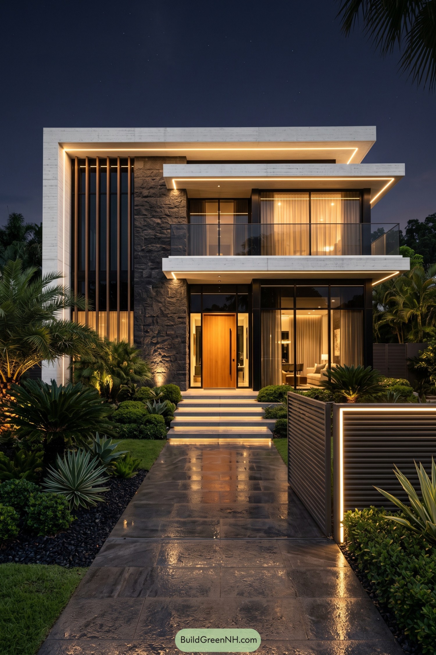 Modern tropical residence with stone facade and glowing rooflines