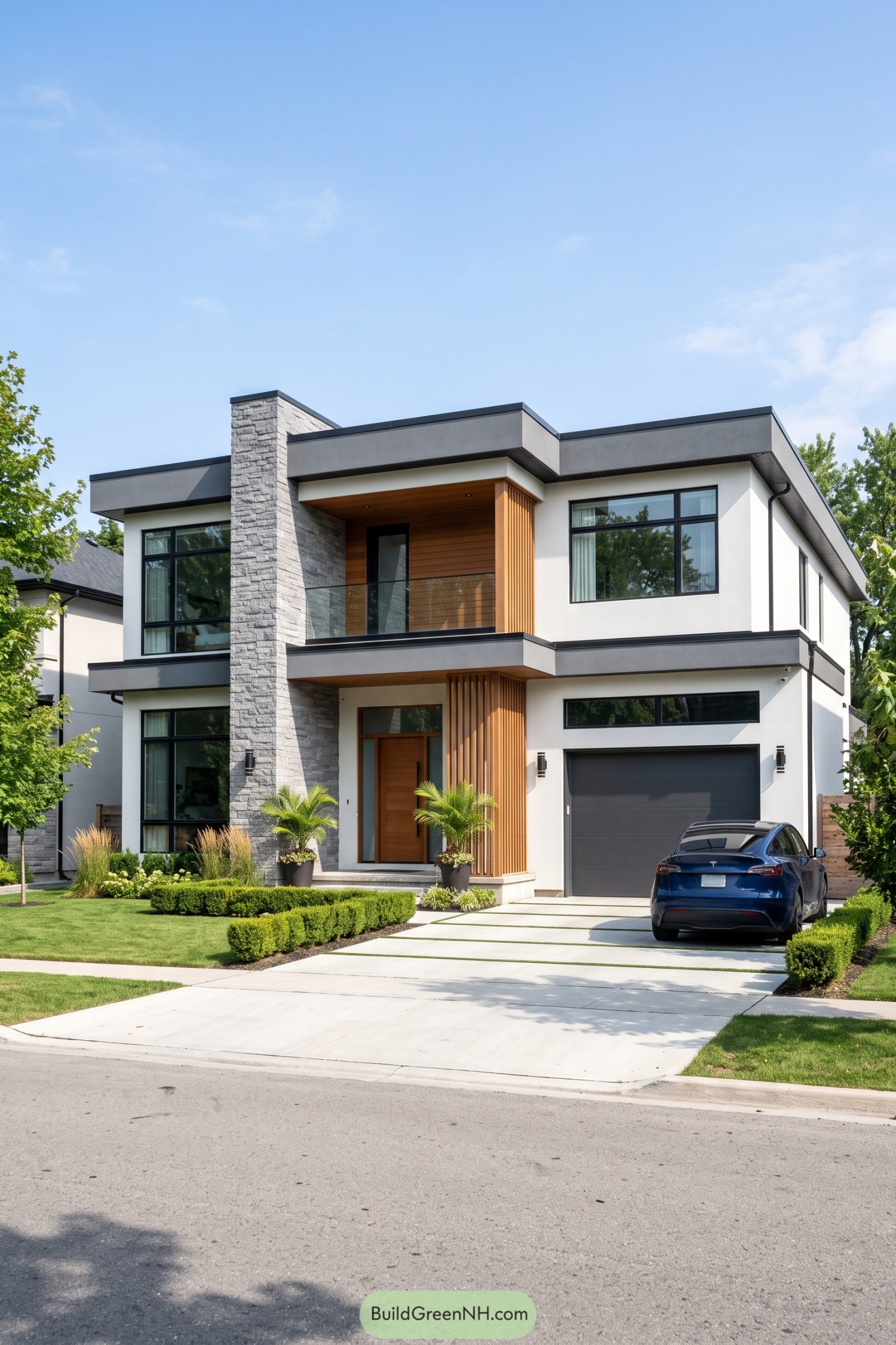 Contemporary two-story home with a stone pier wood screens and broad flat rooflines
