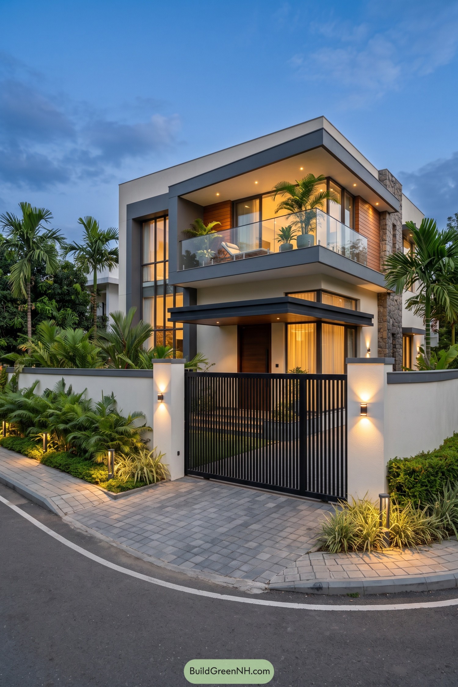 Modern tropical home with glass balcony and stone accents