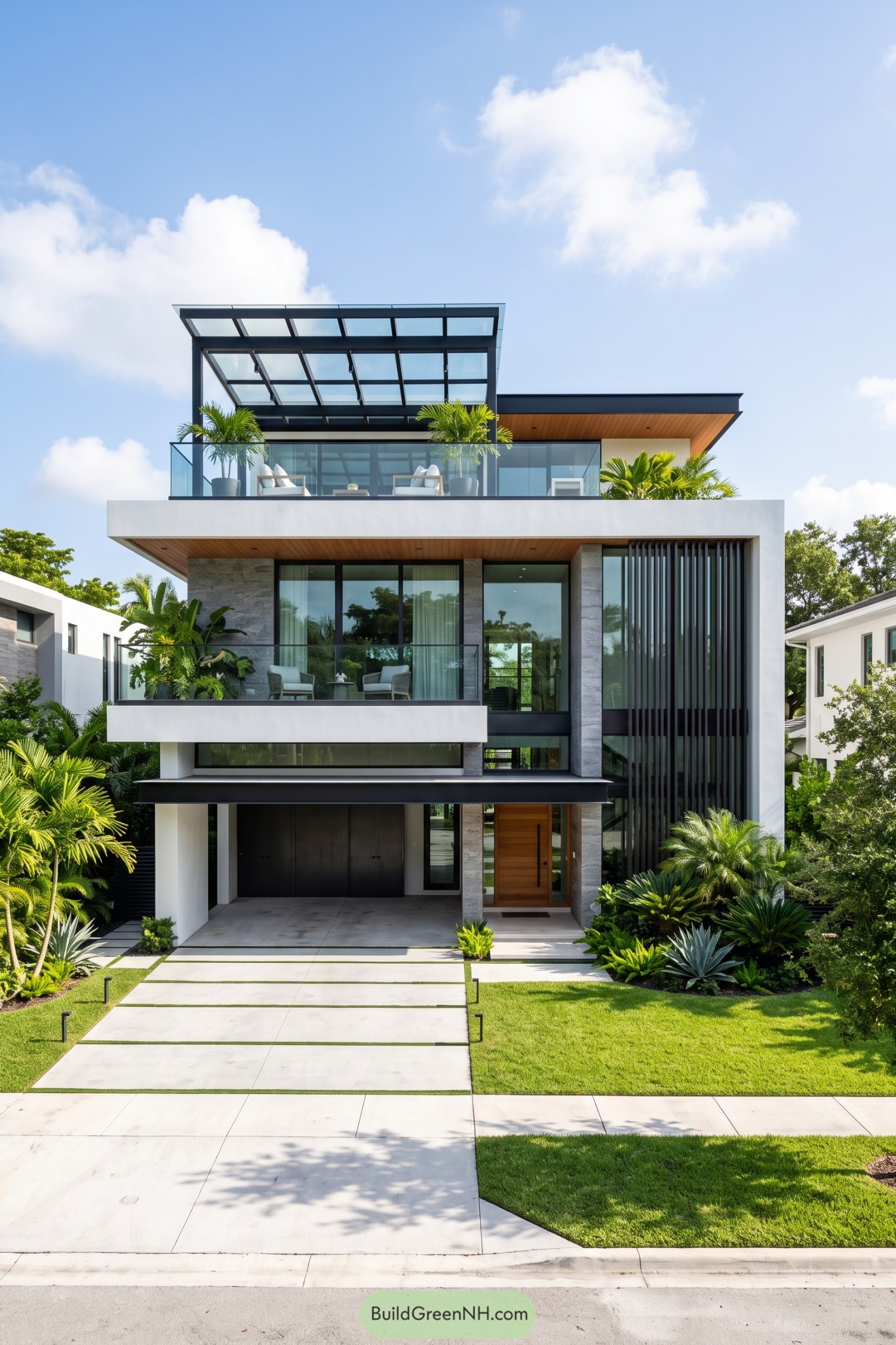 Three-story modern home with glass pergola and vertical screen
