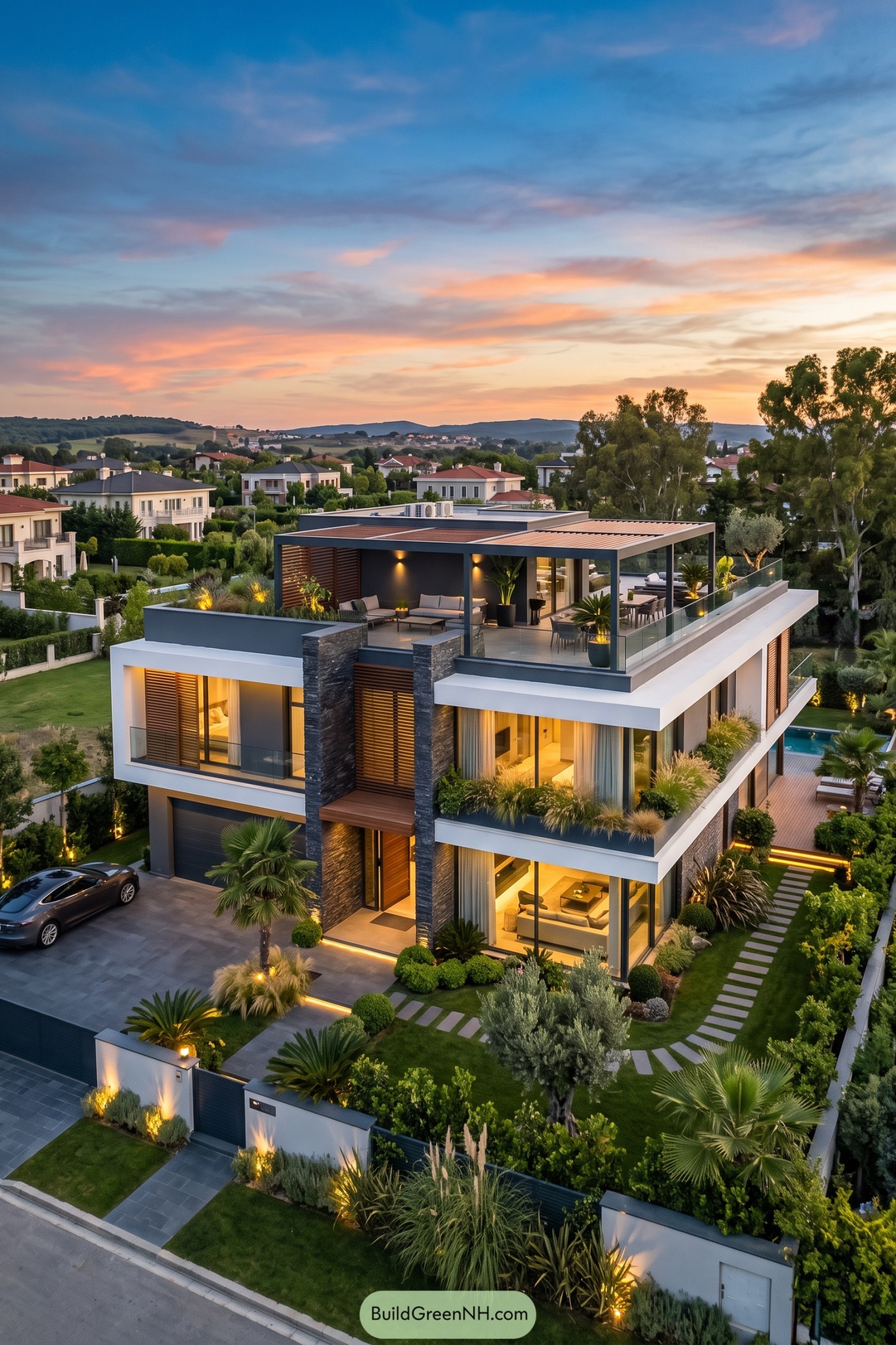 Contemporary villa with rooftop pergola and landscaped garden