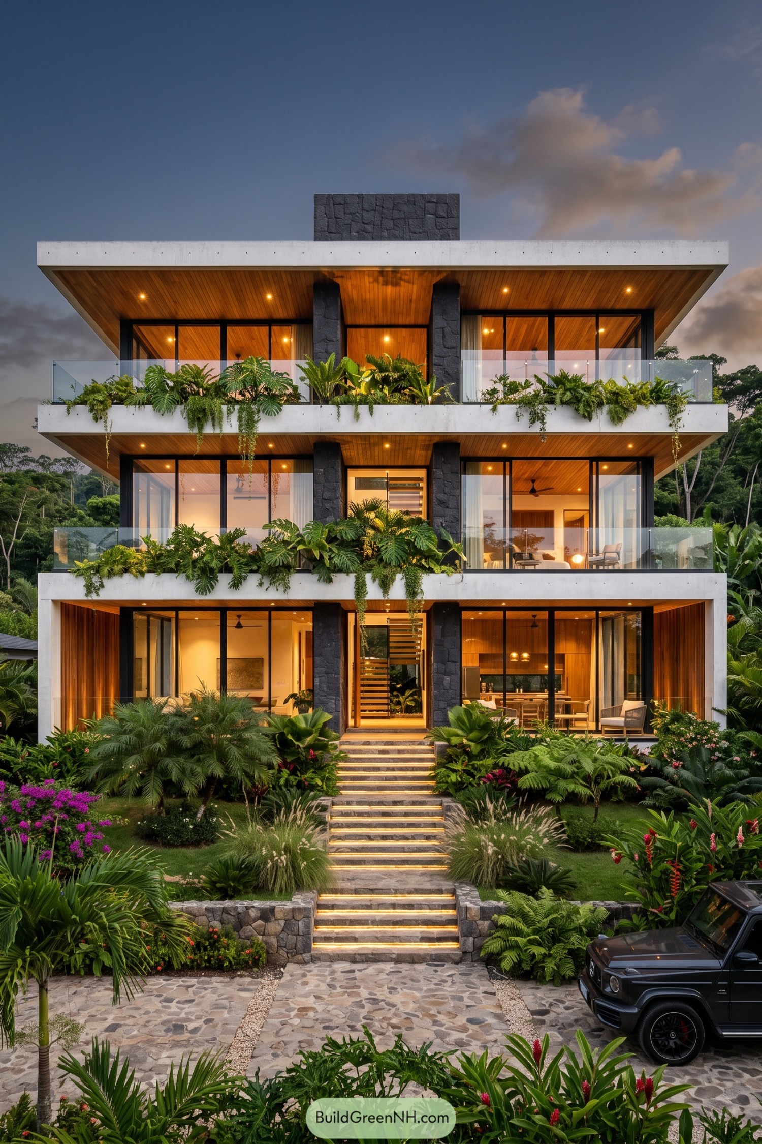Three-story modern home with planted balconies and stone columns