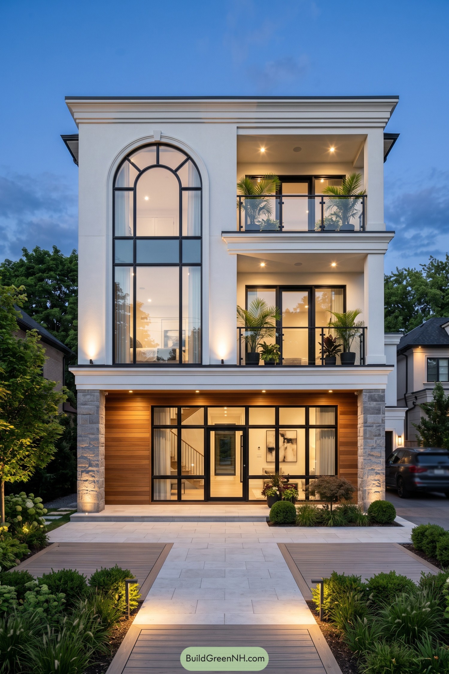 Three-story white residence with arched window and stacked balconies