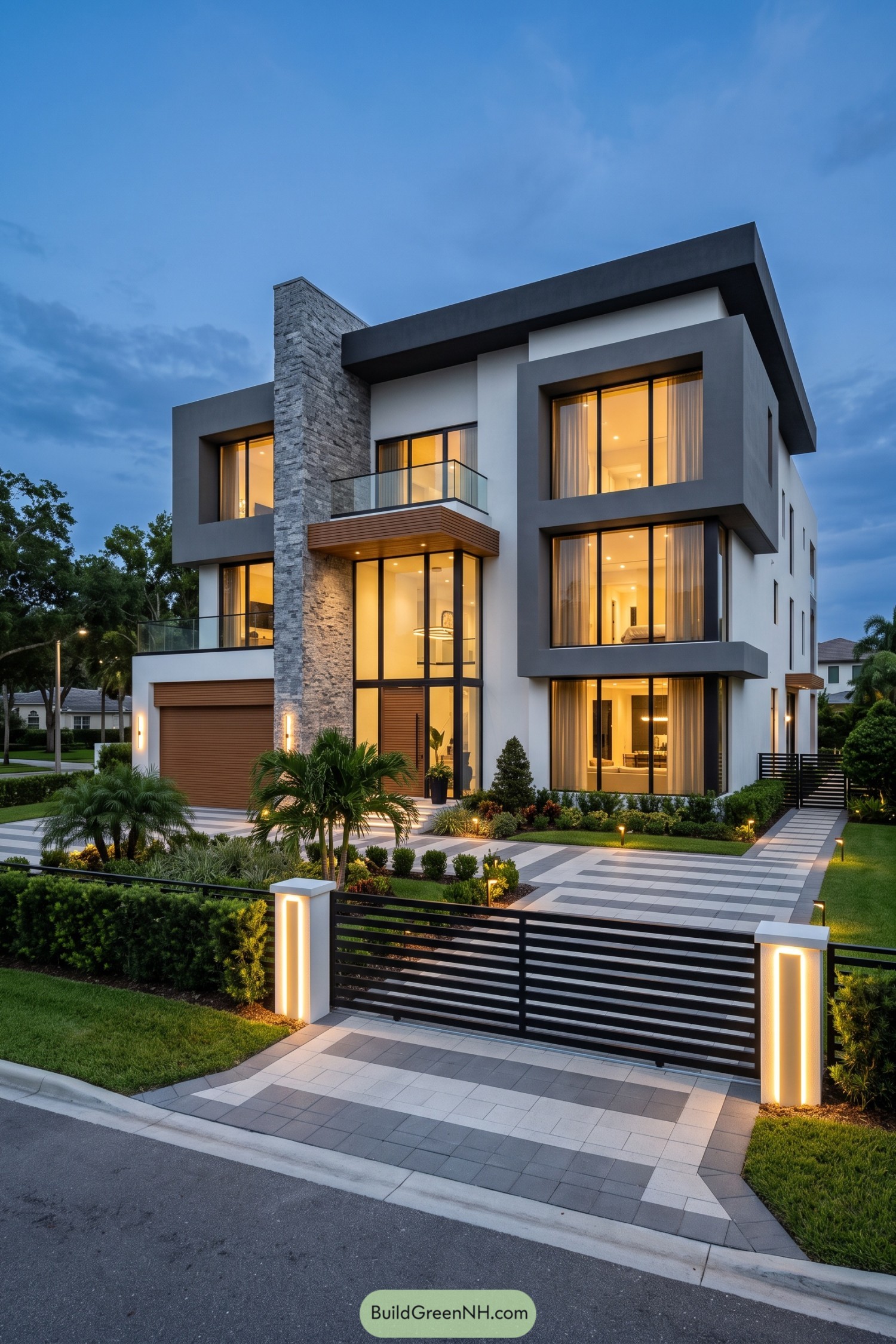 Contemporary three-story home with stone tower and glowing windows
