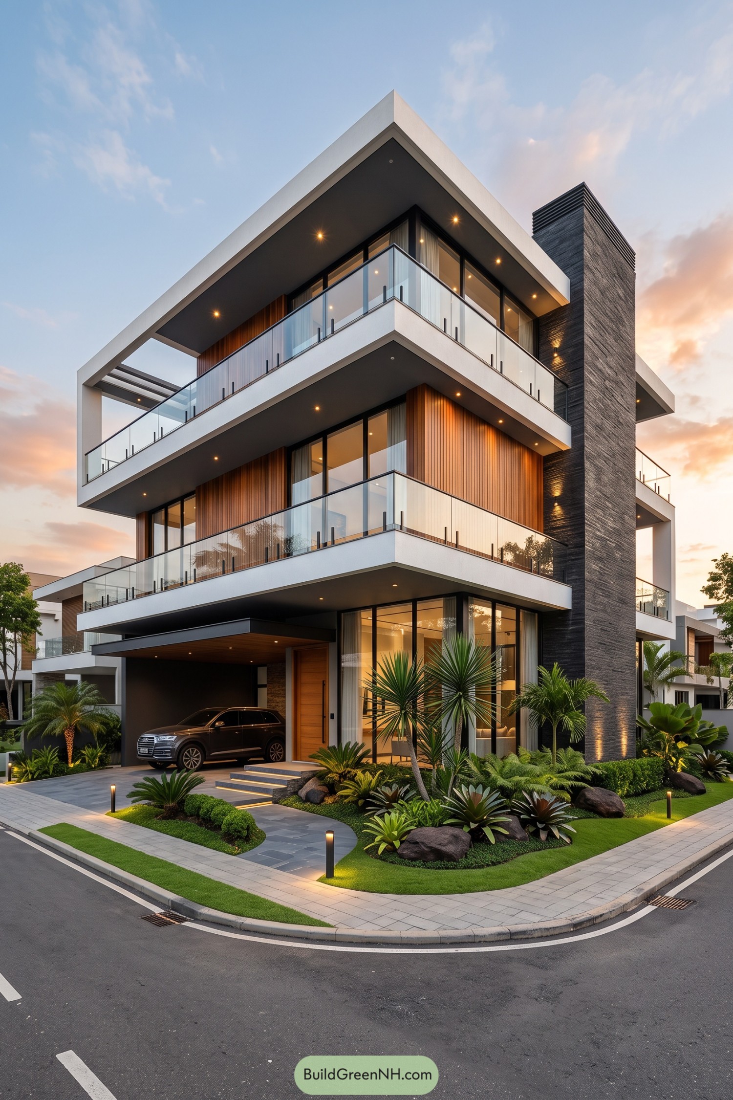 Three-story modern home with glass balconies and dark stone tower