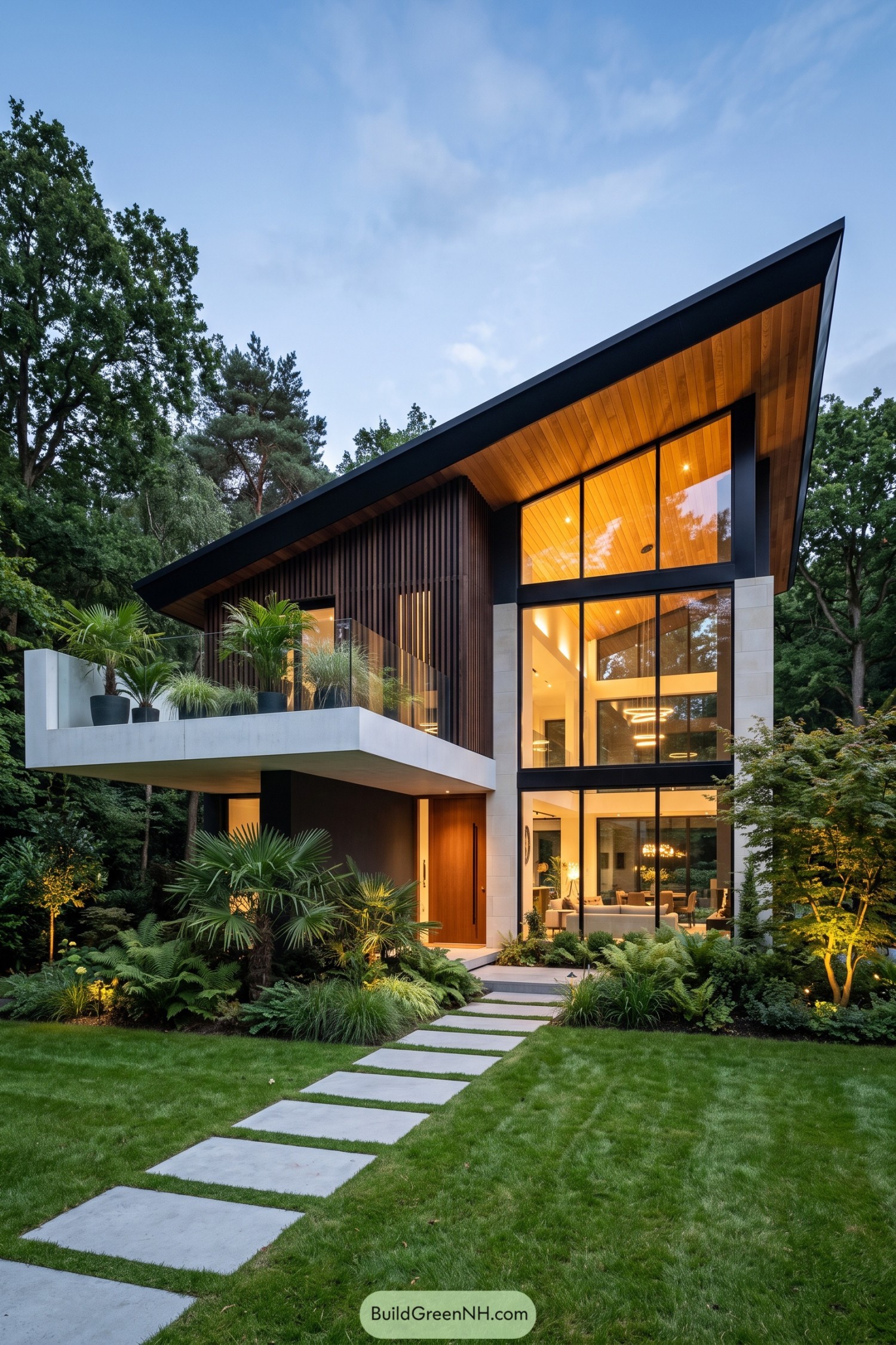 Modern woodland home with soaring roof and glazed facade