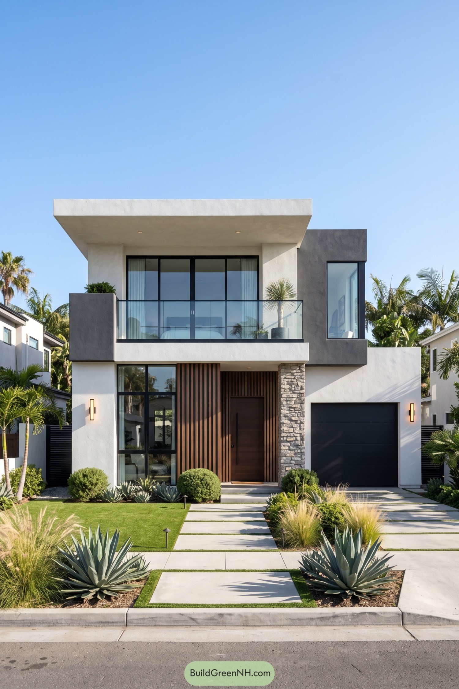 Modern two-story home with timber entry screen and glass balcony