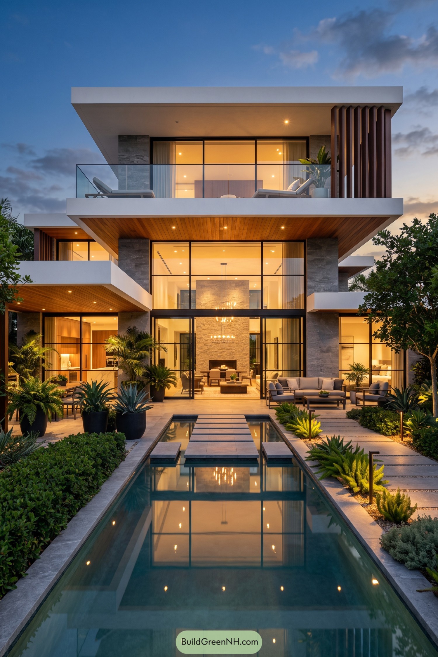 Three-story modern home with glass walls and a reflecting pool