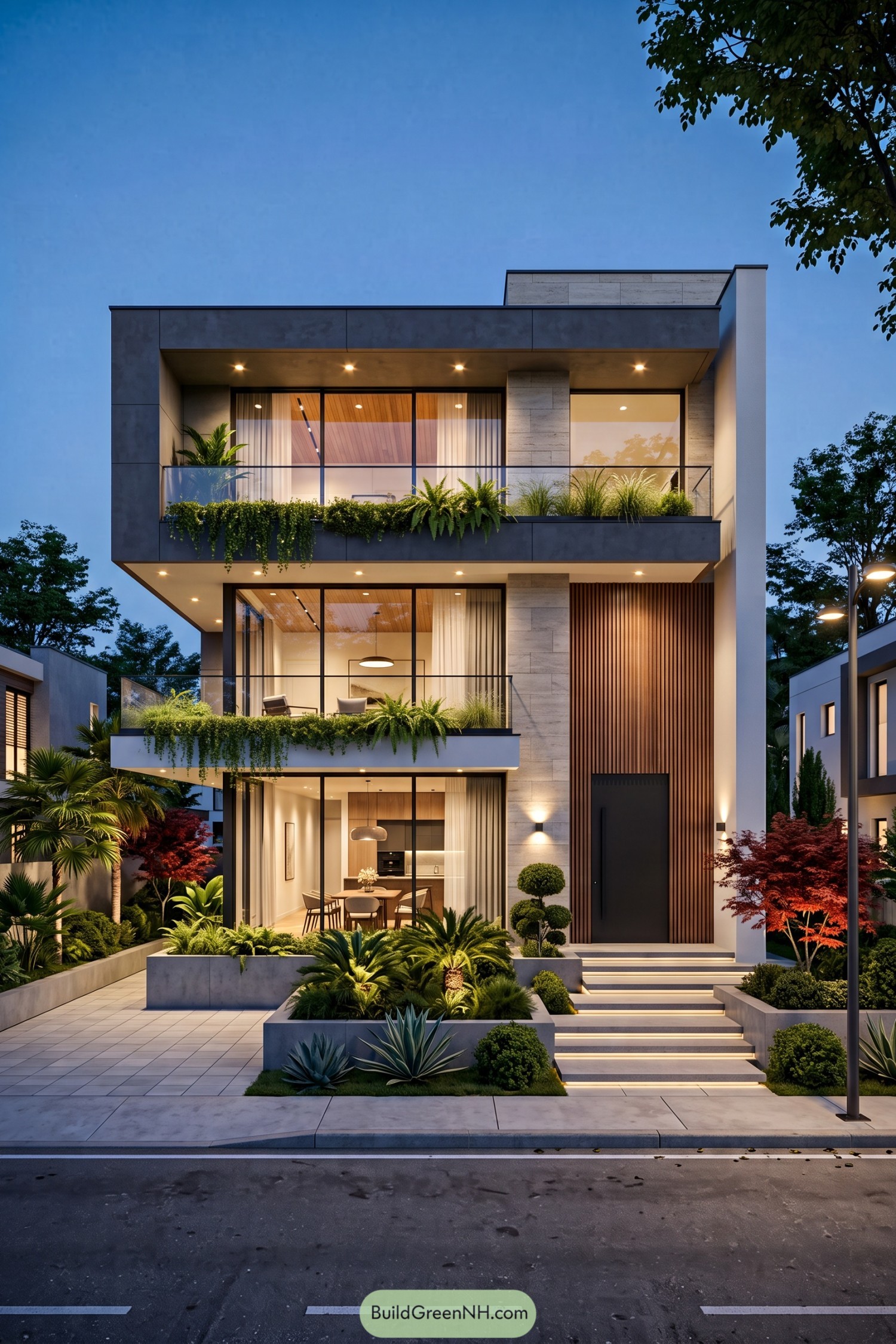 Three-story modern villa with glass balconies and lush planting at dusk