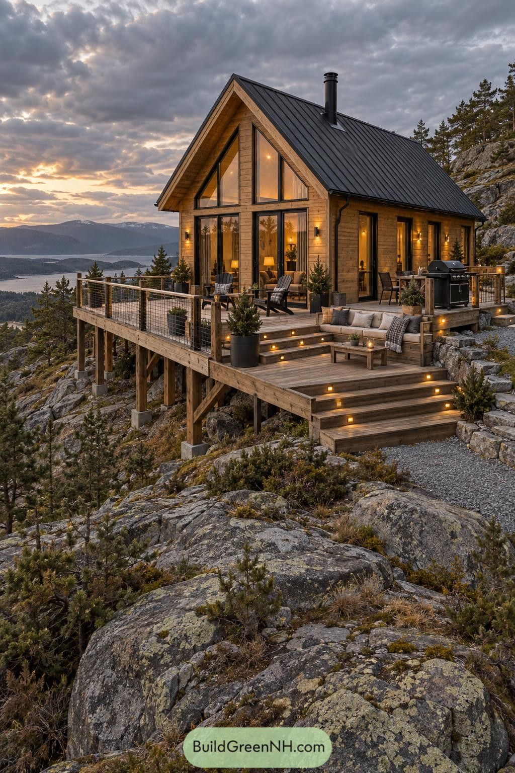 Timber cabin with expansive deck overlooking a mountain lake