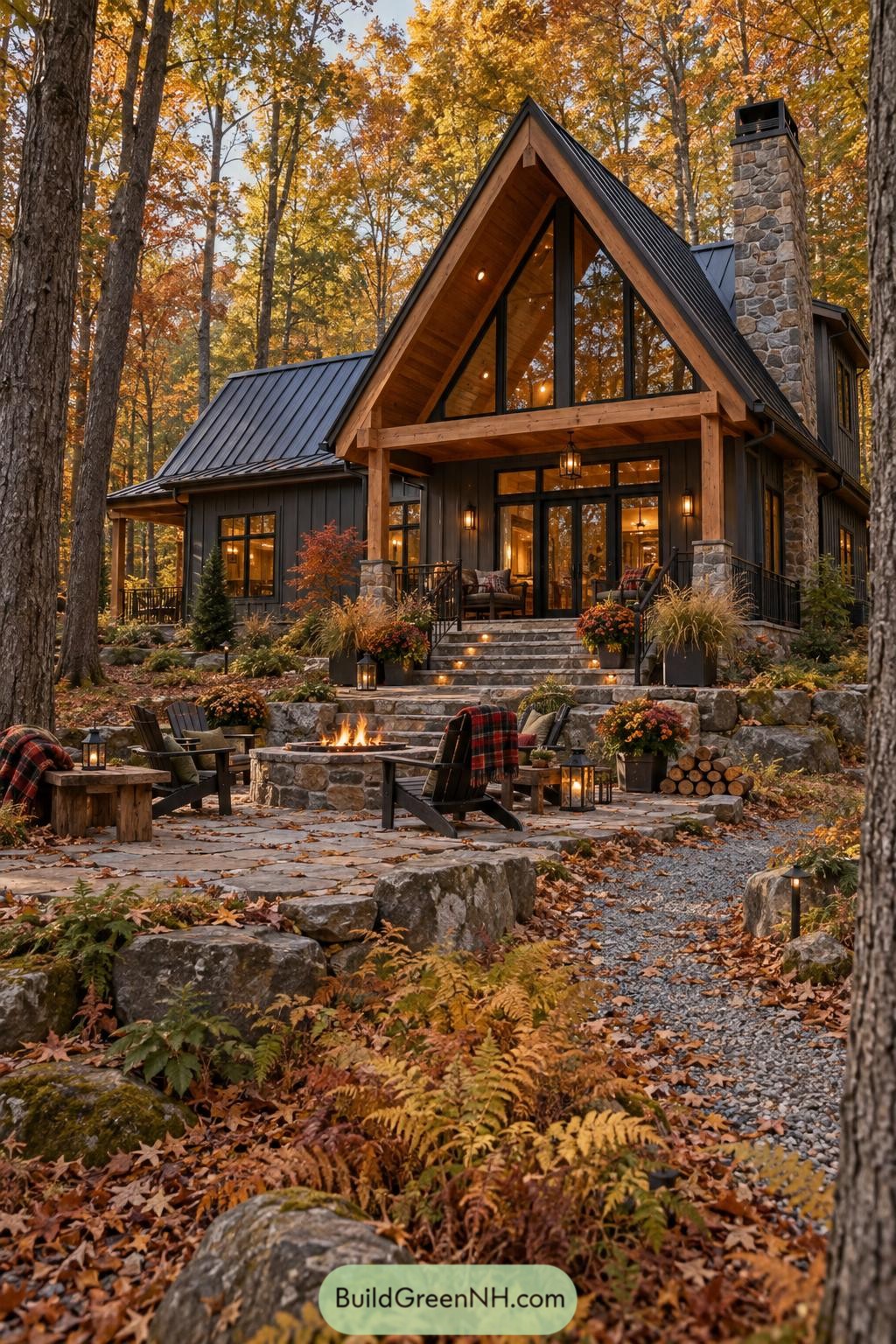 Modern woodland cabin with stone terrace and fire pit