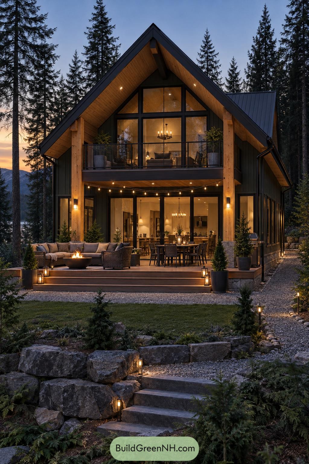 Twilight view of a glazed gable cabin with a fire pit terrace