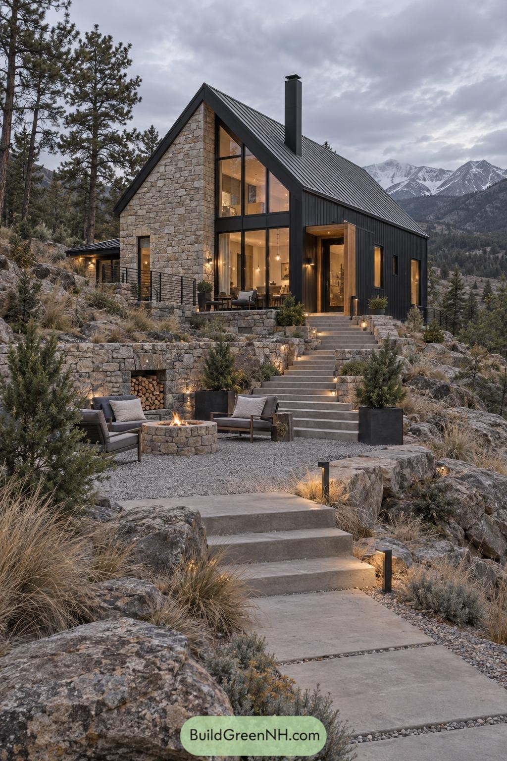 Modern stone and black timber cabin with terraced fire pit