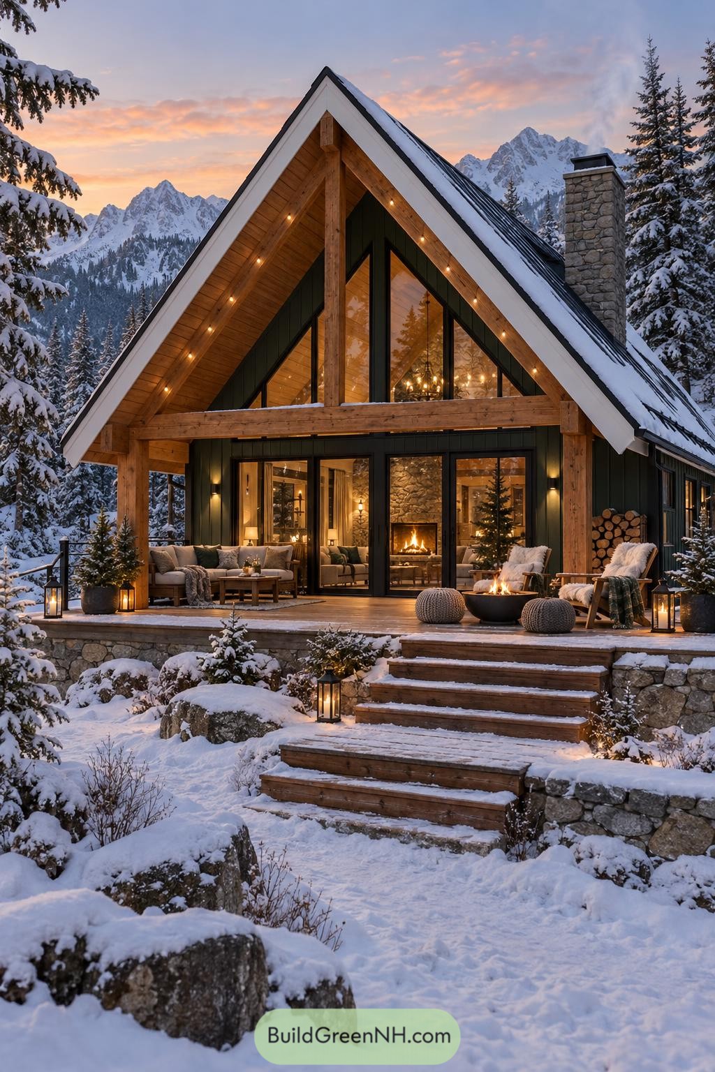 Snowy mountain cabin with a glowing porch and stone chimney