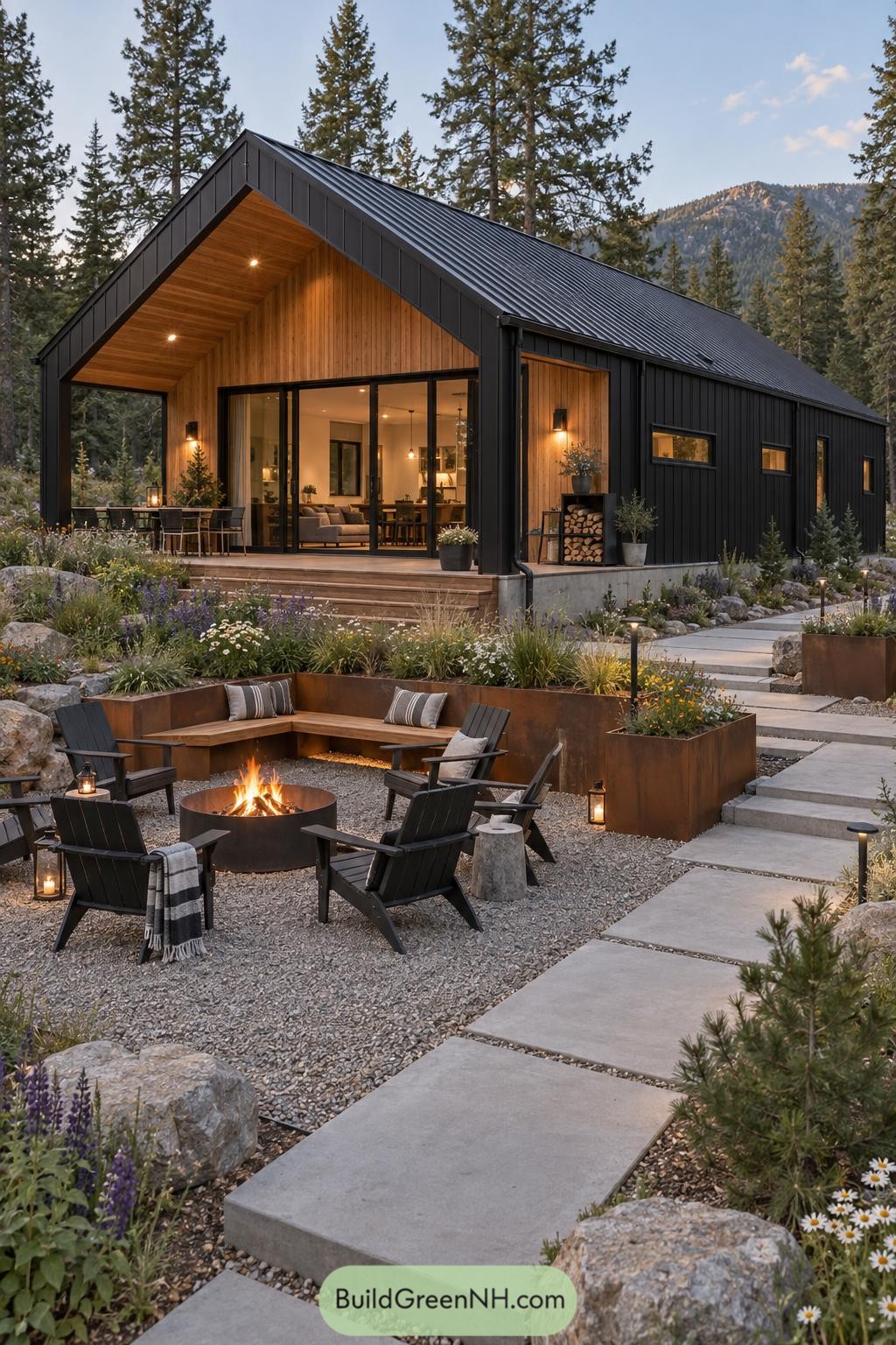 Black gable cabin with a sunken fire pit courtyard