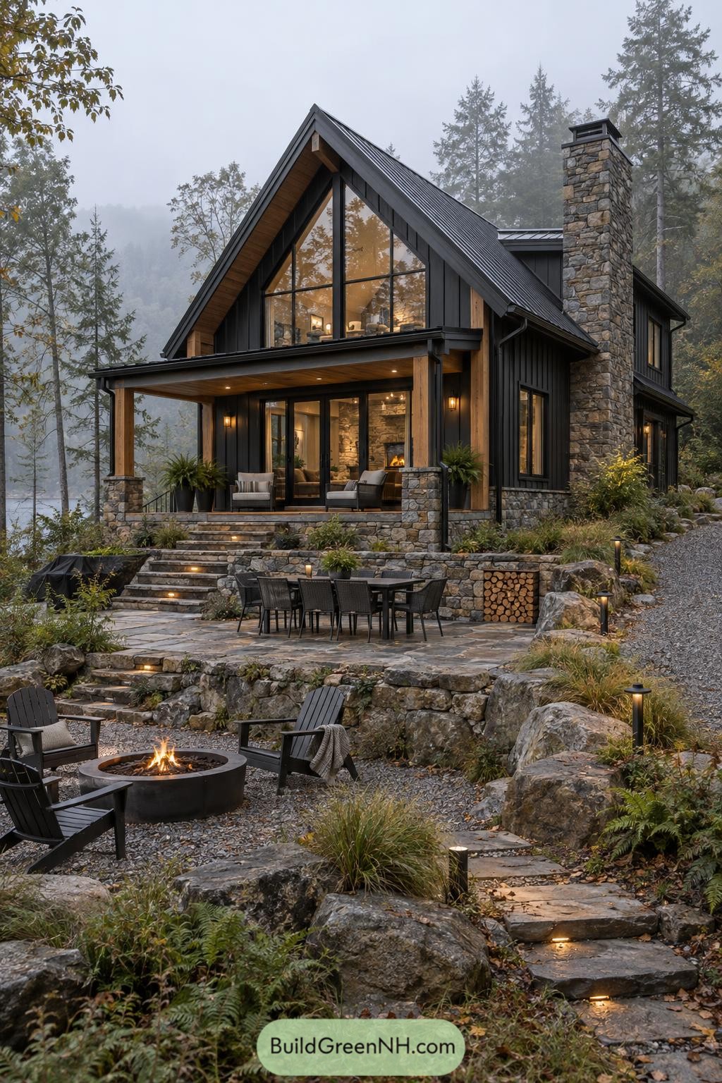 Black gabled cabin with stone chimney and terraced fire pit