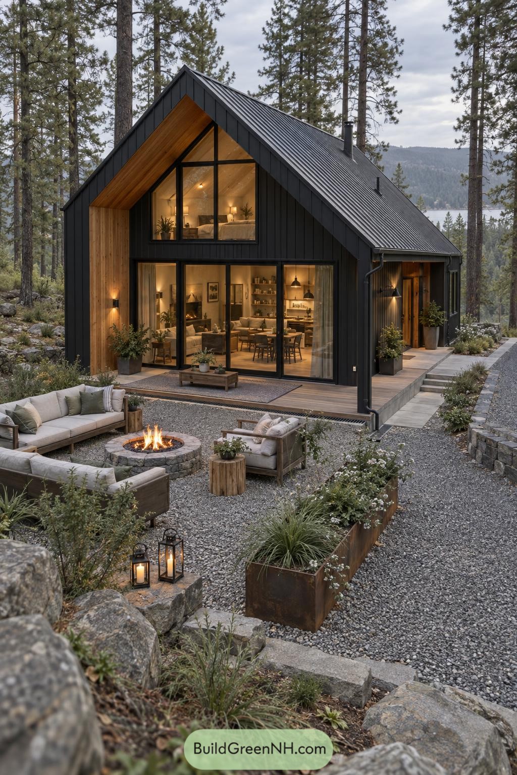 Black gabled cabin with glass walls and a stone fire pit patio among pines