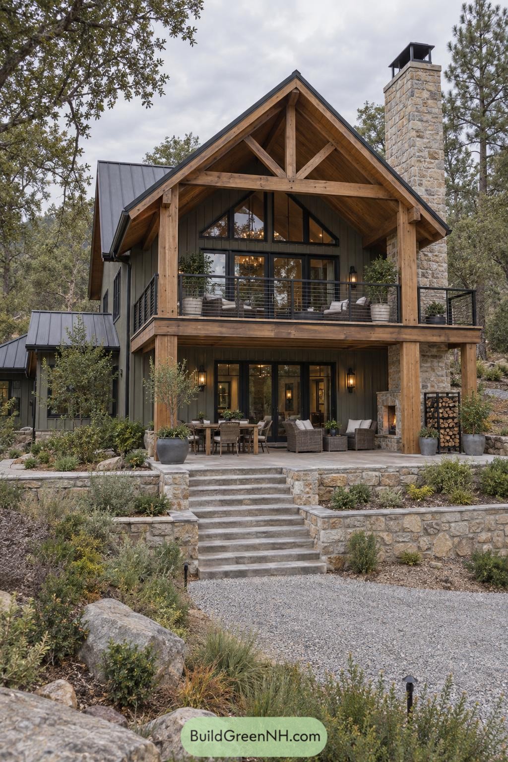 Two-story timber gable house with stone chimney and terraces