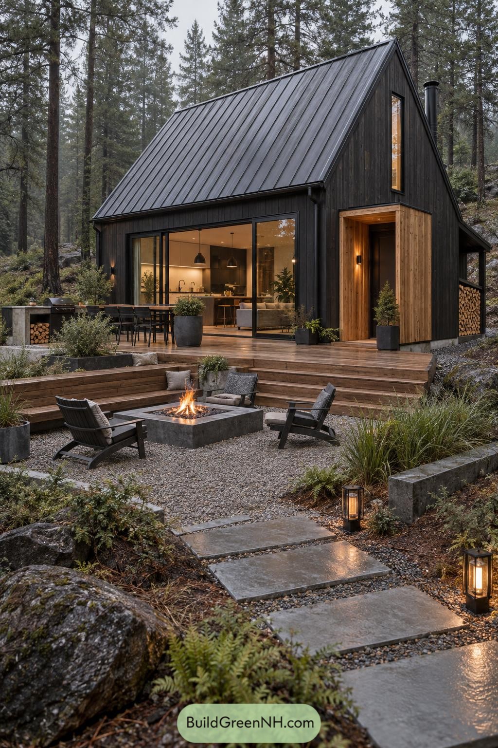 Black timber cabin with metal roof and sunken fire pit terrace