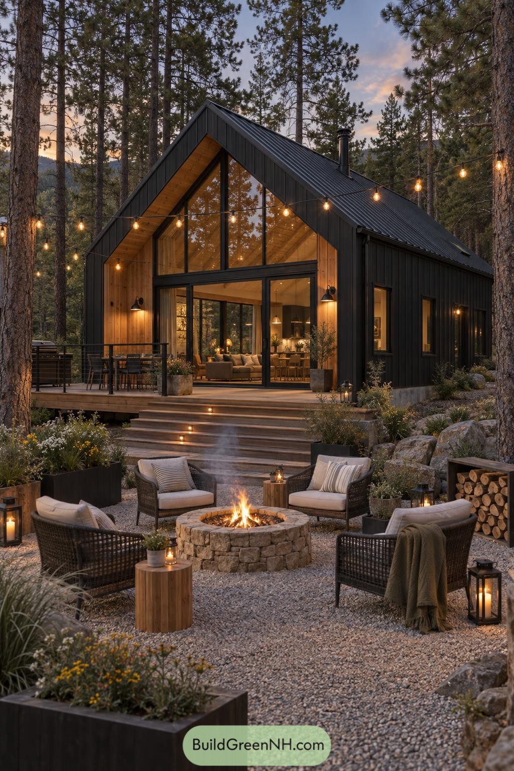 Black gabled cabin with glass front and fire pit