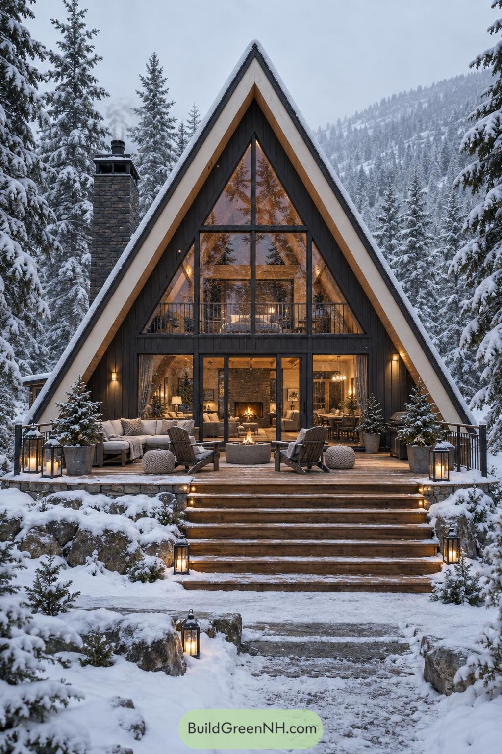 A black A frame cabin with glowing windows in a snowy forest