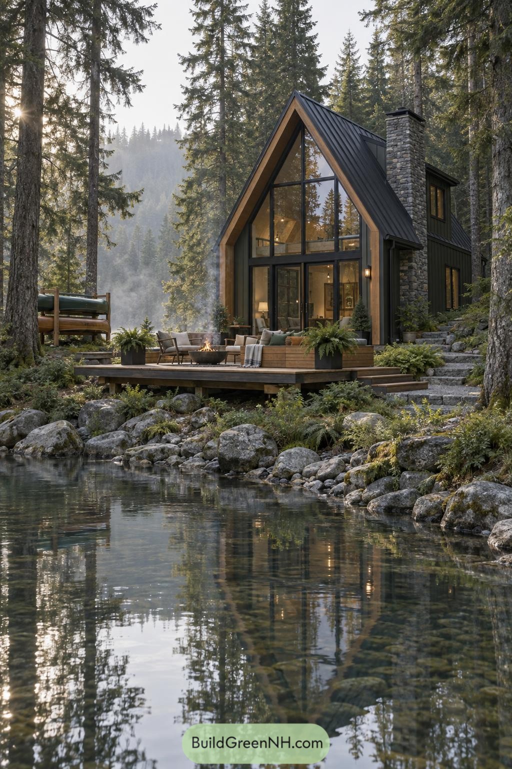 Modern gable cabin beside a rocky forest creek