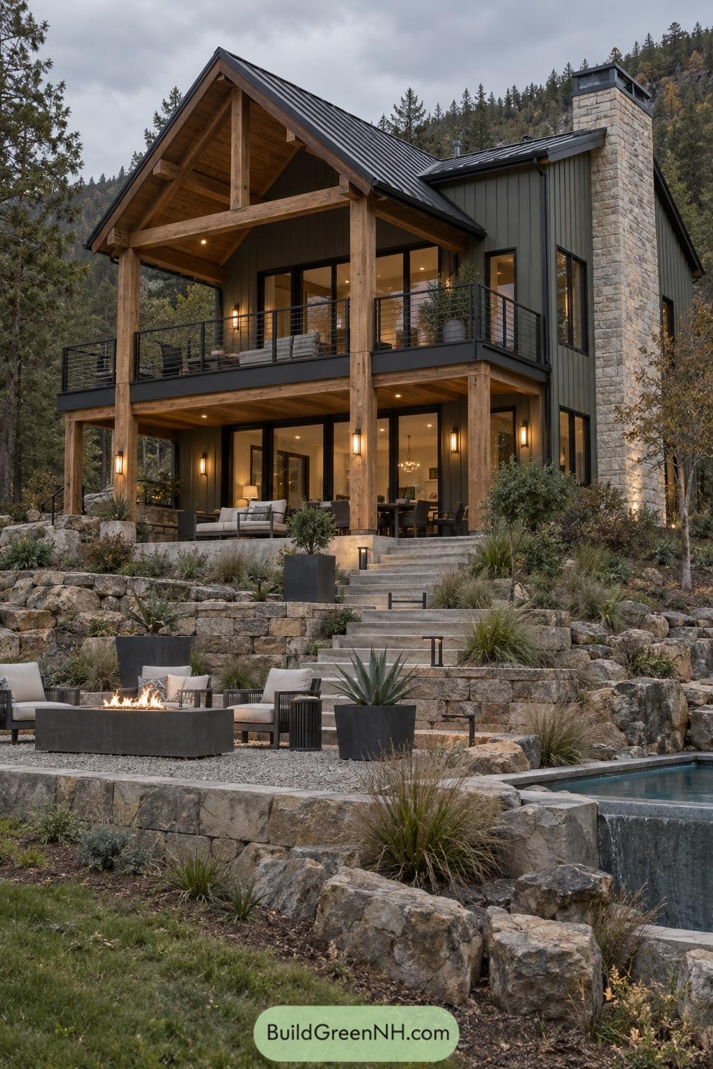 Two-story mountain lodge with timber porch stone chimney and terraced fire pit patio