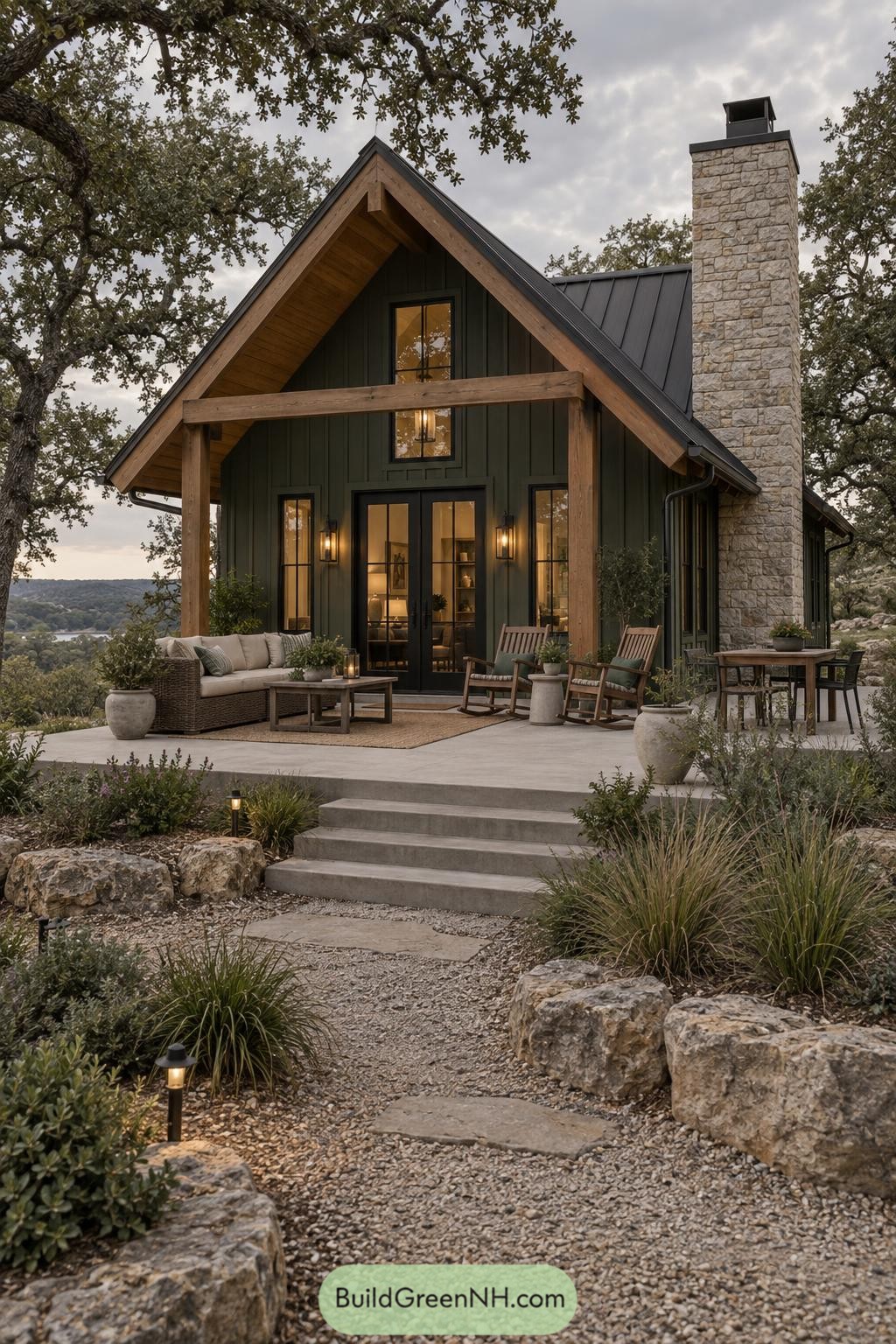 Green gable cabin with timber porch and stone chimney